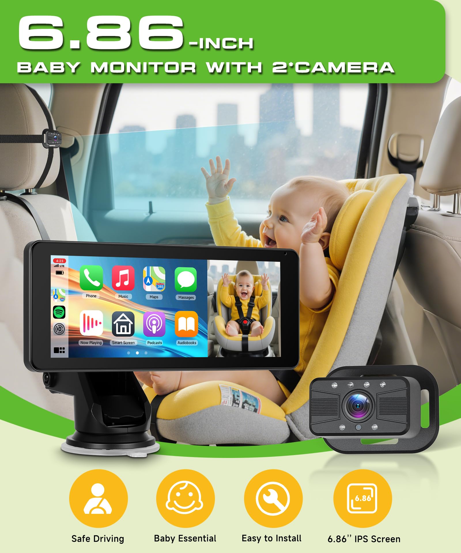 VECHTEL Camera Voiture bébé 2 enfants écran partagé 6,86 pouces HD 720P vision nocturne rotative 360° support ventouse