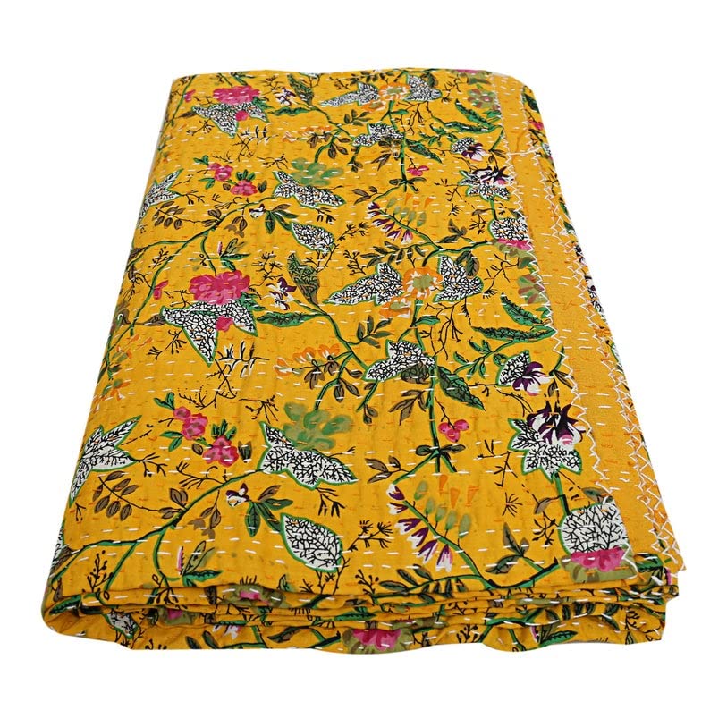 Jaipuri Cotton Kantha Quilt, Handmade Bedspread, Traditional Bedsheet, Home Decor Throw Blanket (Yellow, Double)-image-20