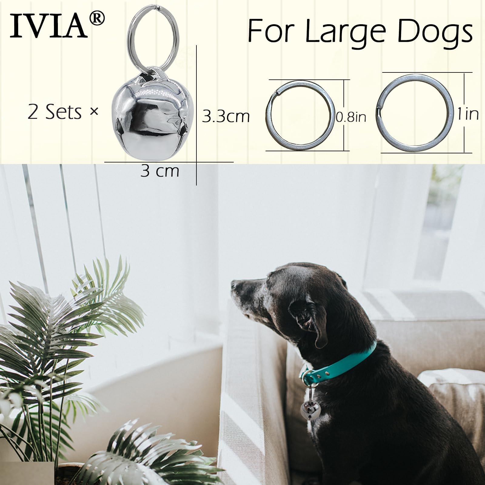 IVIA PET Large Dog Bells, Collar Loud Bells, Pet Tracker & Training, Handmade Metal(Silver)