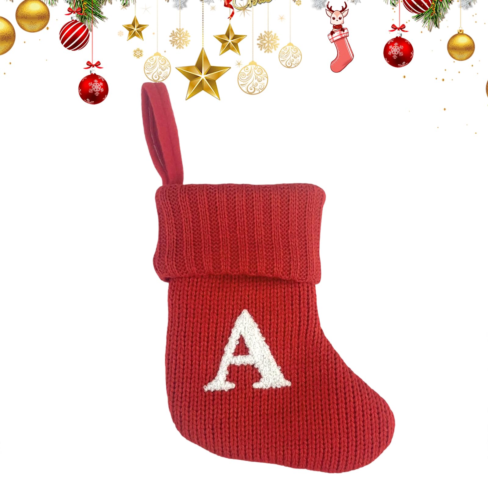 Uoaesr A Christmas Stocking, Knitted Festive Sock With Embroidered Letter, 18X15cm Personalized Christmas Stockings, Hanging Stocking For Fireplace & Tree Decor, Personalised Gift Bag (A)