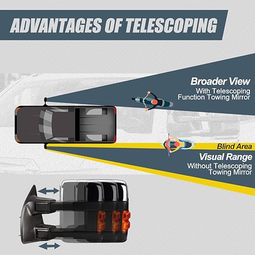 Miniatura 6 de Par de espejos de remolque laterales telescópicos con calefacción LED de potencia cromada compatibles con Ford Super Duty 08-16