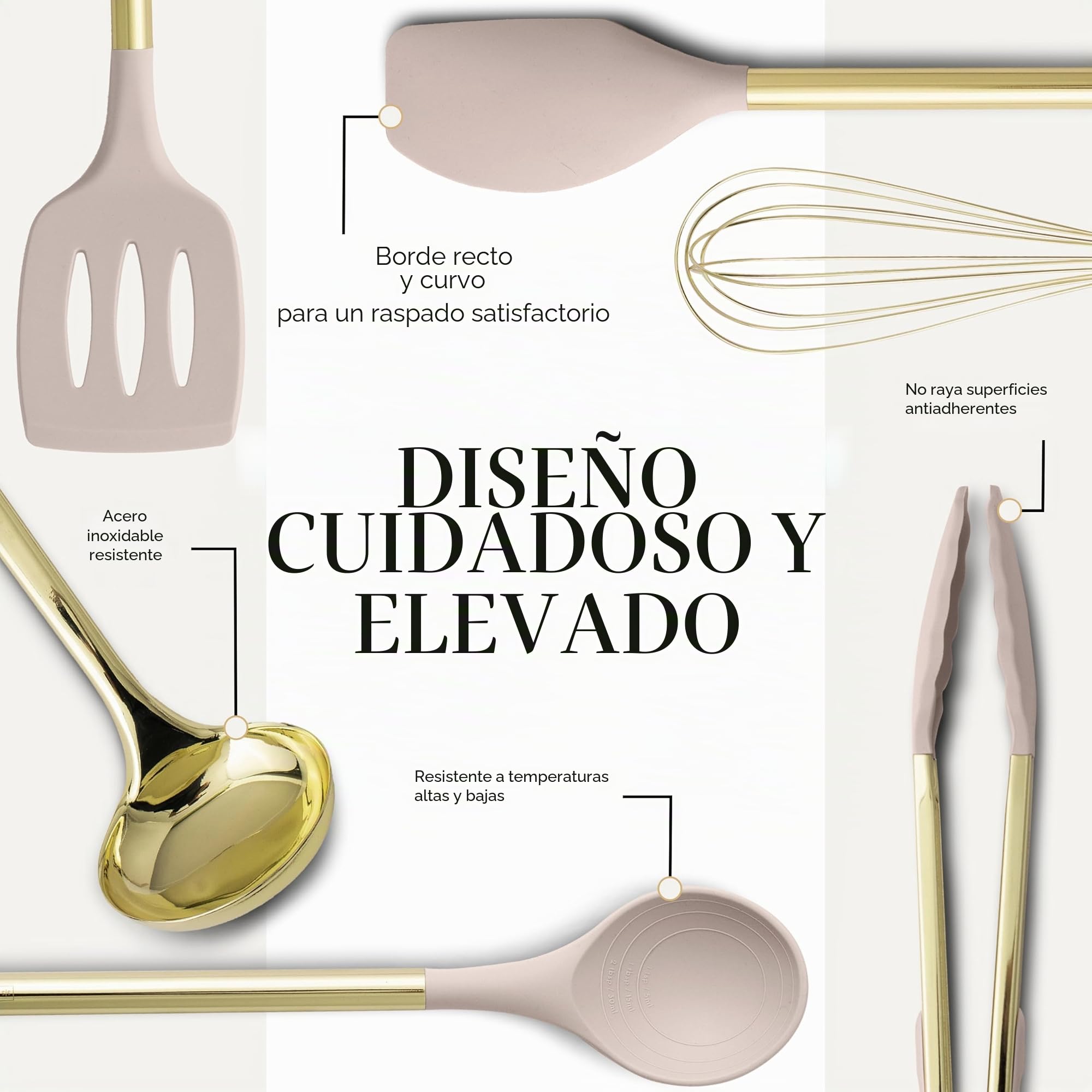Juego de utensilios de cocina de 7 piezas, color beige y dorado, herramientas de silicona y acero inoxidable no tóxicas para cocinar, servir y alojar, ideal para utensilios de cocina antiadherentes y