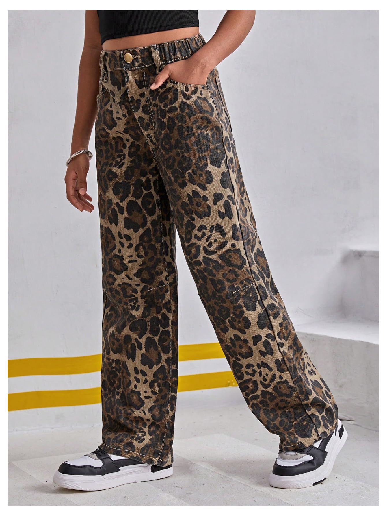 Floerns Mädchen-Jeans, Leopardenmuster, mittlere Taille, gerades Bein, Y2k Grunge Denim-Hose