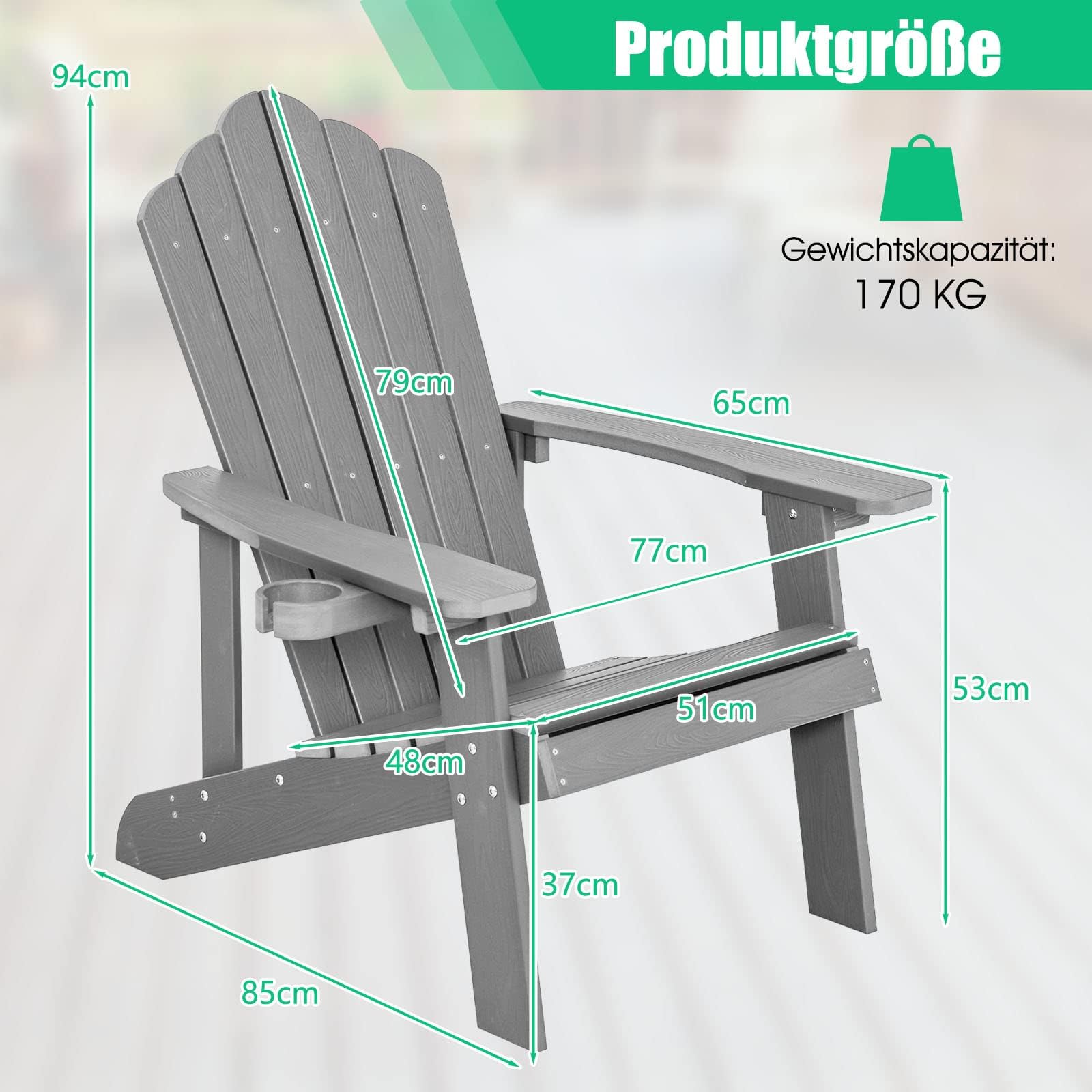 FANTASK Silla Adirondack con Soporte para Bebidas, Resistente a la Intemperie, de plástico, 170 kg, Color Gris Claro