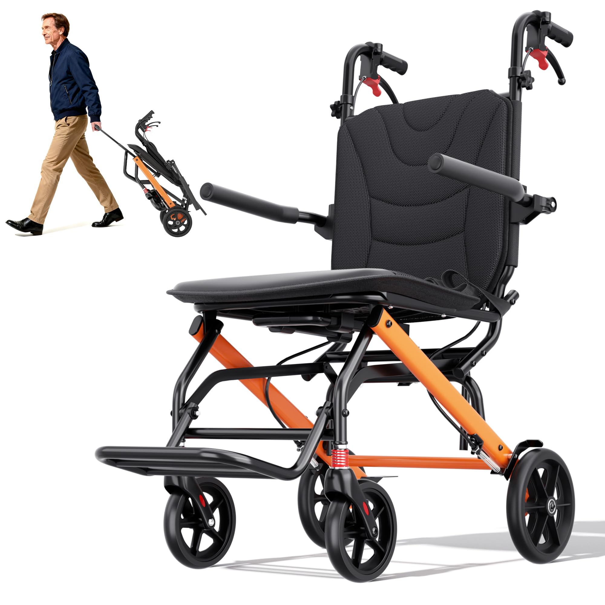 UU-ZHANG Transport Wheelchair Lightweight Foldable with Removable Cushion and Telescopic Handle