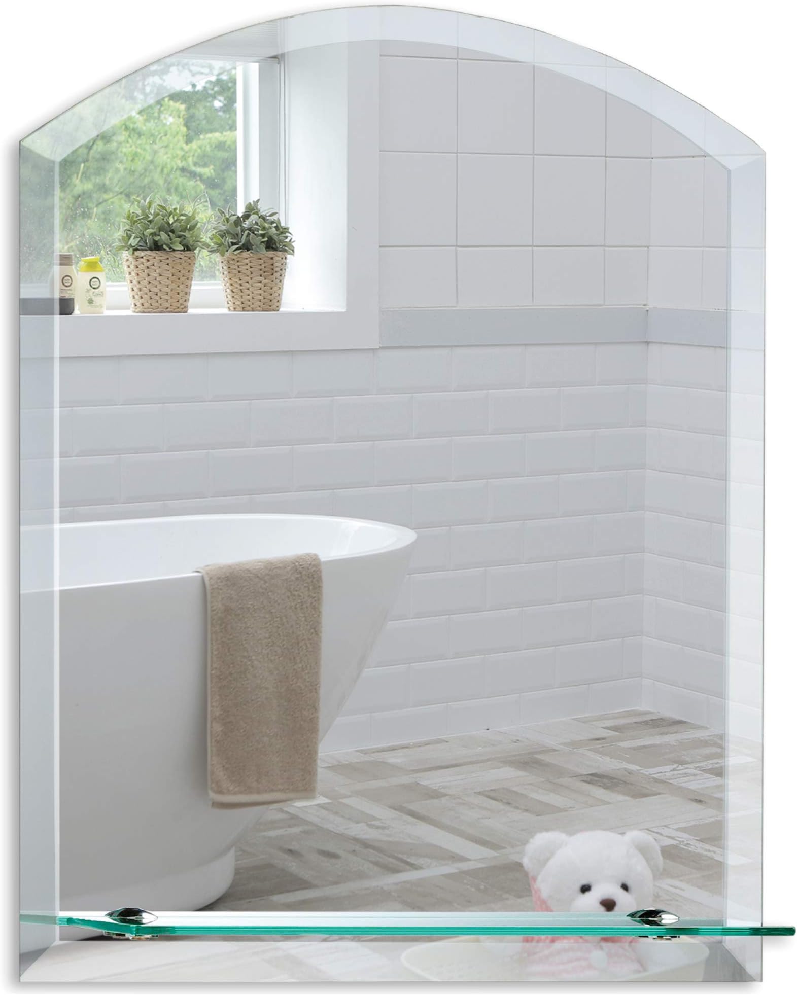 Neue Design Arch Bathroom Wall Mounted Mirror, 50cm x 40cm Modern Stylish Shelf, Frameless with Bevel edges, Sizes 60cm x 45cm or 50cm x 40cm