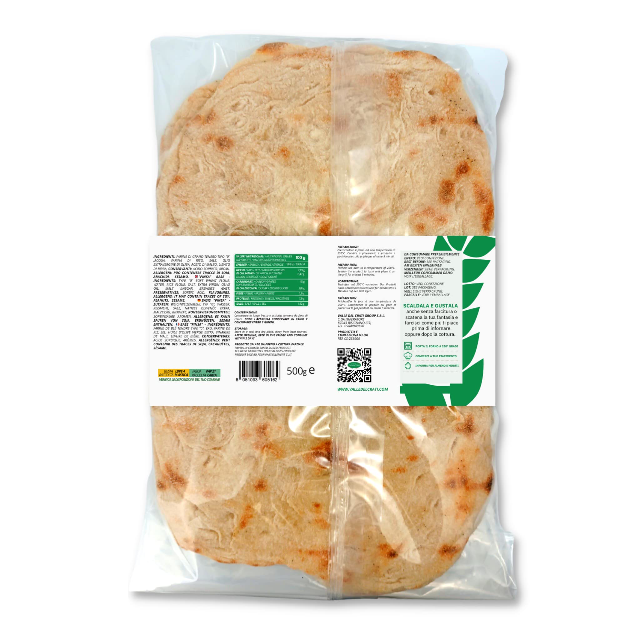 Valle del Crati Boîte de Pinsa avec 8 bases de Pinsa précuites et sauce tomate | Pinsa prêt en 5 minutes, Levain long, Produit en Calabre, 250g Artisan Pinsa Bases env.
