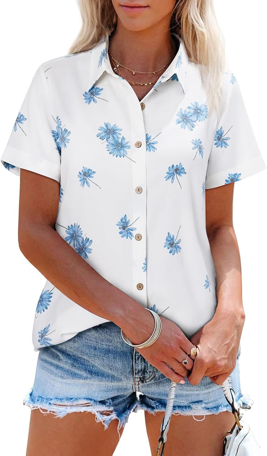 siliteelon Womens Button Down Shirts Short Sleeve Summer Linen V Neck Collared Hawaiian Floral Print Casual Blouse Tops