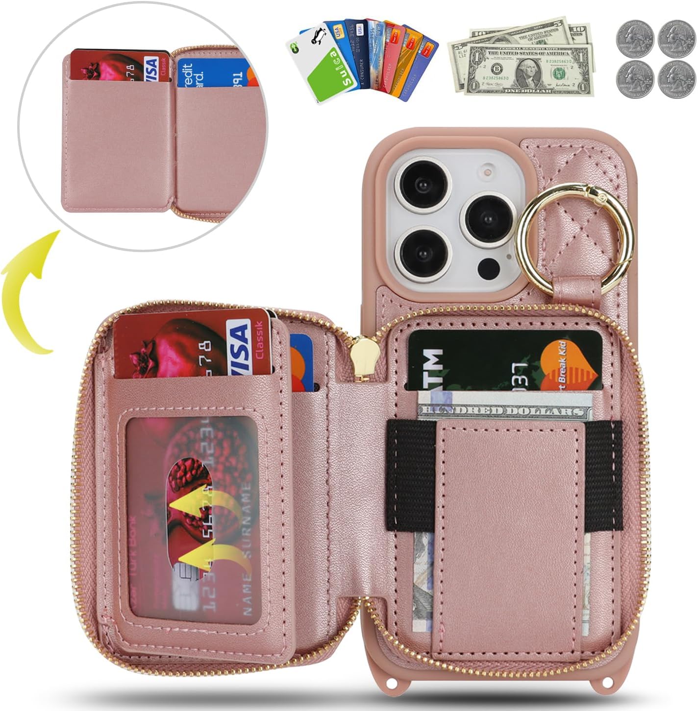Crossbody Wallet Case for iPhone 16 Pro, PU Leather Zipper Handbag Purse Flip Cover, Kickstand Folio Case with Card Slots Holder Wrist Strap Lanyard 5G 6.3 Inch-Rose Gold - Image 4