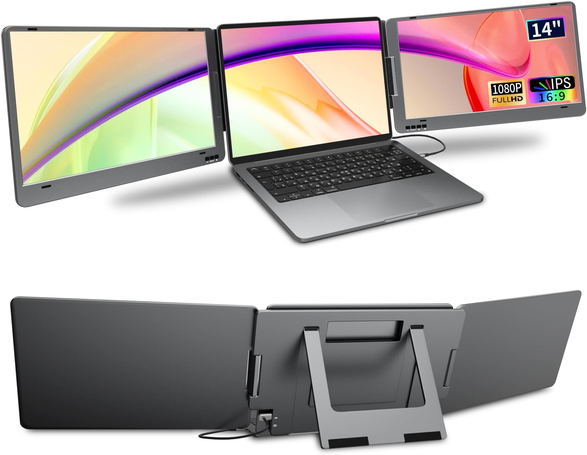 Laptop Screen Extender, 14" 1080P FHD IPS Dual Portable Monitor for Laptop, Compatible with 11.6" -15.6" Laptops, One USB-C Cable Plug and Play (Windows only)