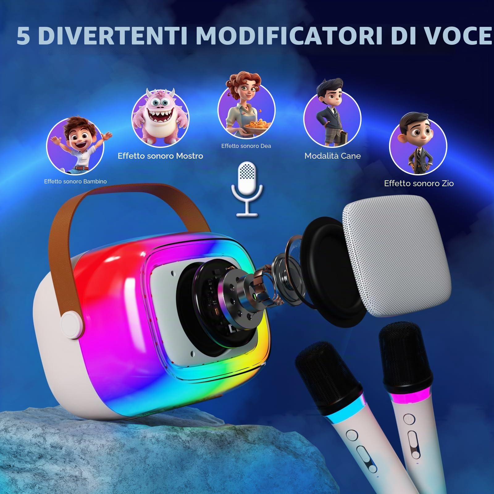 GUYUCOM Karaoke per Bambini con 2 Microfono Bambini, 5 Modalità di Illuminazione RGB, Karaoke Bluetooth è Compatibile con Una Varietà di Dispositivi, Adatto a Bambini di 4, 5, 6, 7, 8, 9, 10 Anni