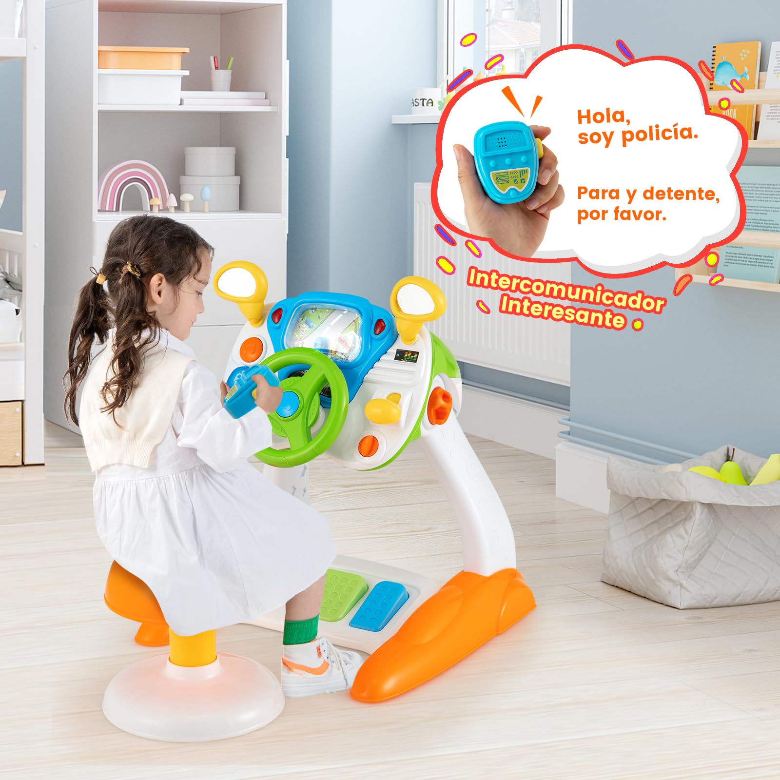 RELAX4LIFE Volante Juguete con Pantalla, Taburete, Efectos Luz y Sonido, Música, Claxon, Pedales y Intercomunicador, Volante Niños de ABS con Velocidad Ajustable, Juguete para Niños 3+ Años, Colorido