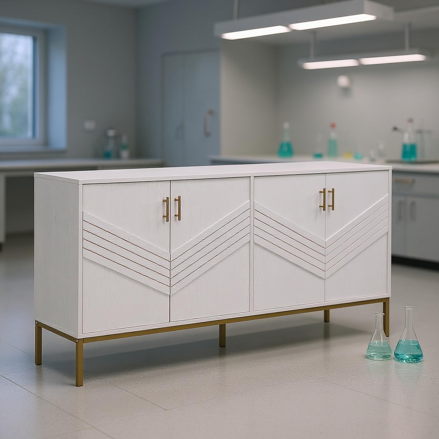 HOMYLIN Armadietto portaoggetti da laboratorio con pannelli a zigzag e gambe in metallo, organizer multiuso per strumenti di ricerca, bianco