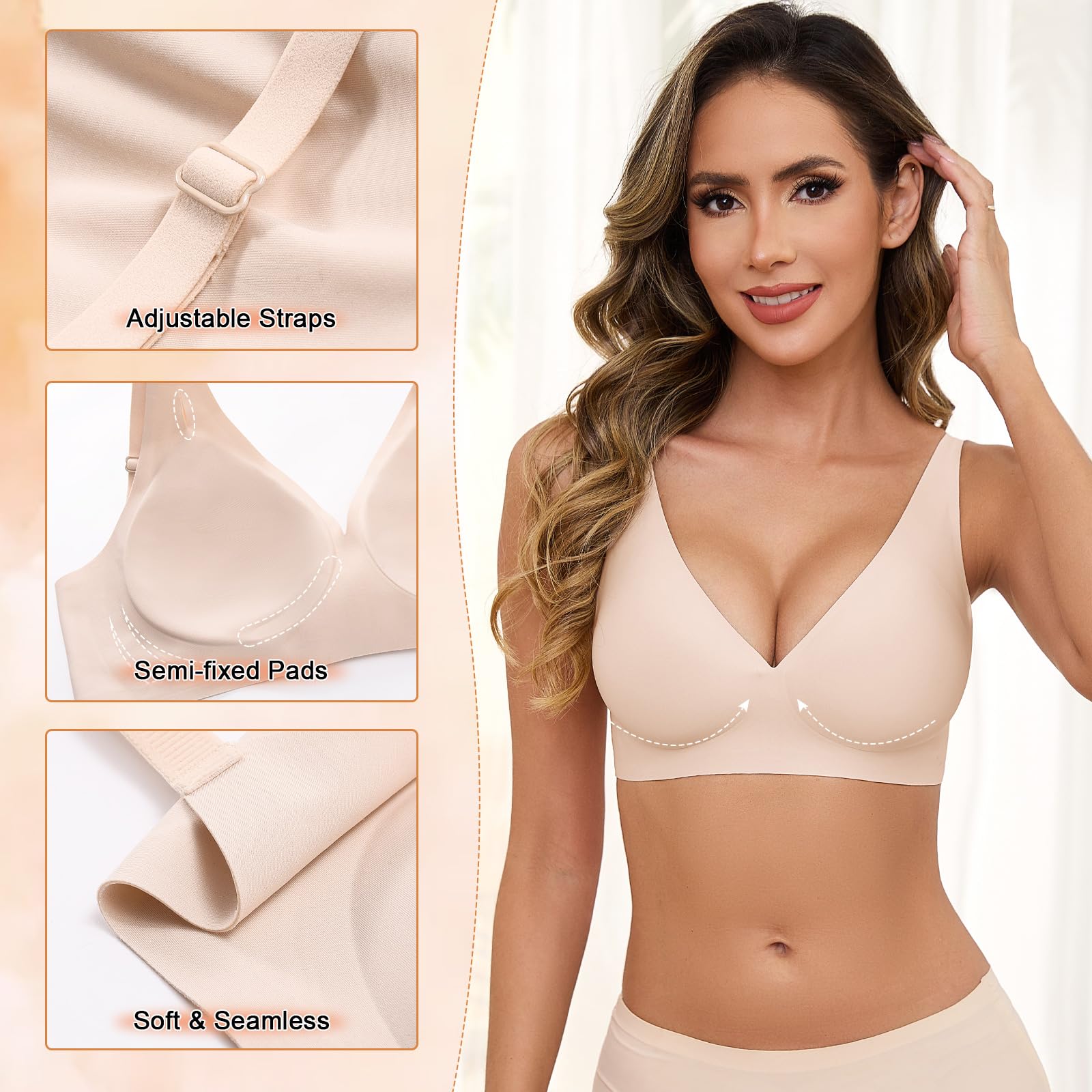 Niwicee Sujetador sin Espalda para Mujer Sujetadores sin Costuras Invisible Sujetador Push Up en V Profunda Sujetador Tirantes Multidireccionales Convertibles para Vestido y Boda