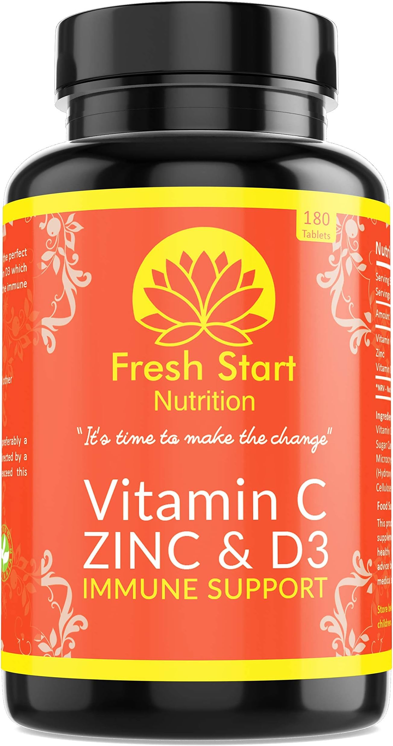 Vitamin C Zinc and Vitamin D Tablets - 180 Vegetarian Tablets for Men and Women - for Maintenance of Normal Immune System - 6 Month Supply - Made in The UK by Fresh Start Nutrition