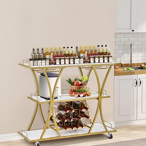 Miniatura 8 de Fashionwu Carrito de barra dorada con ruedas, carrito de servicio de barra de 3 niveles con soporte para vidrio y estante para vino, carrito de