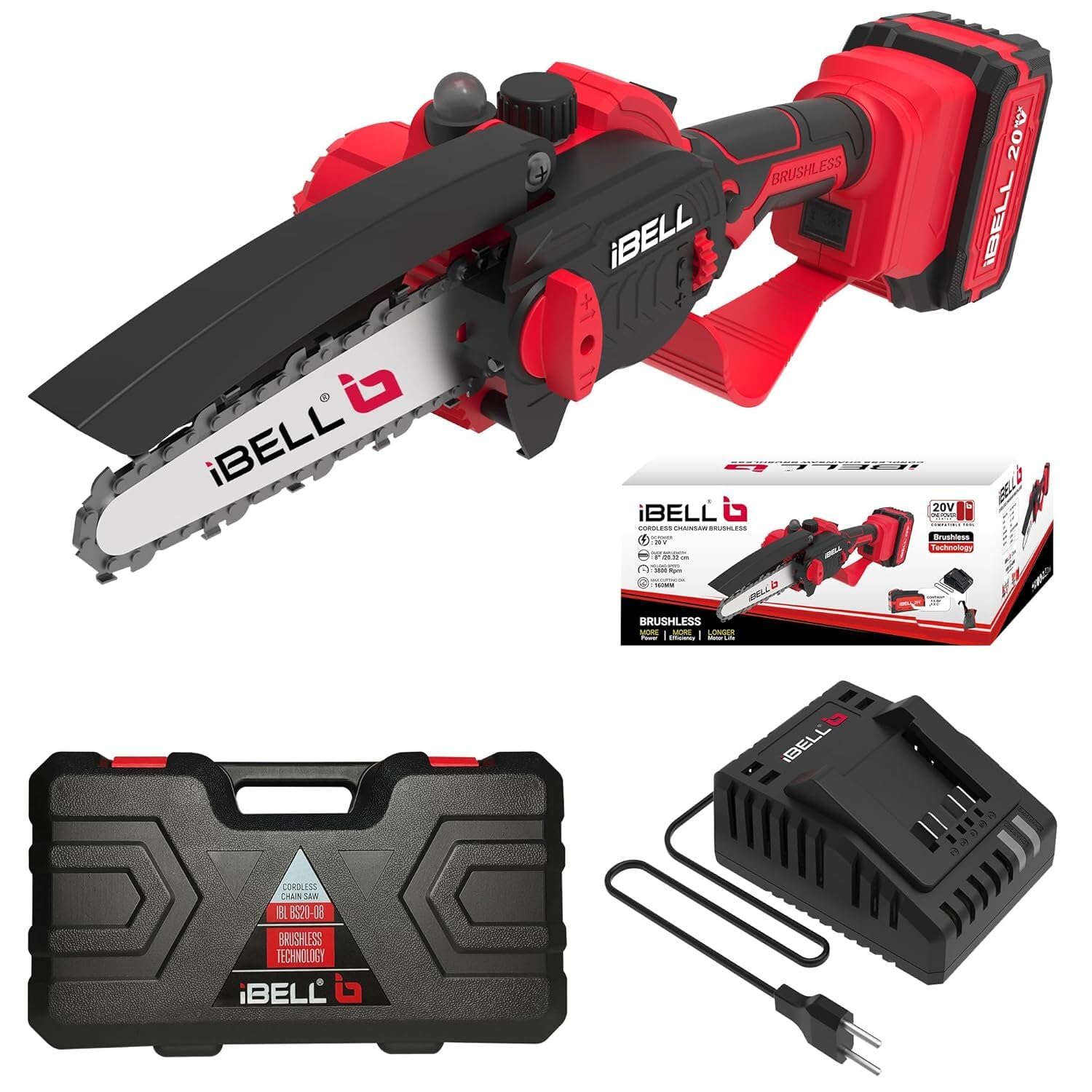iBELL BS 20-08 Cordless Chainsaw Brushless, 20V,Wood Cutting Machine | 8" Chain Saw with 4.0Ah Battery & Charger | Tree Cutter Tool with BMC Box – One Power Series