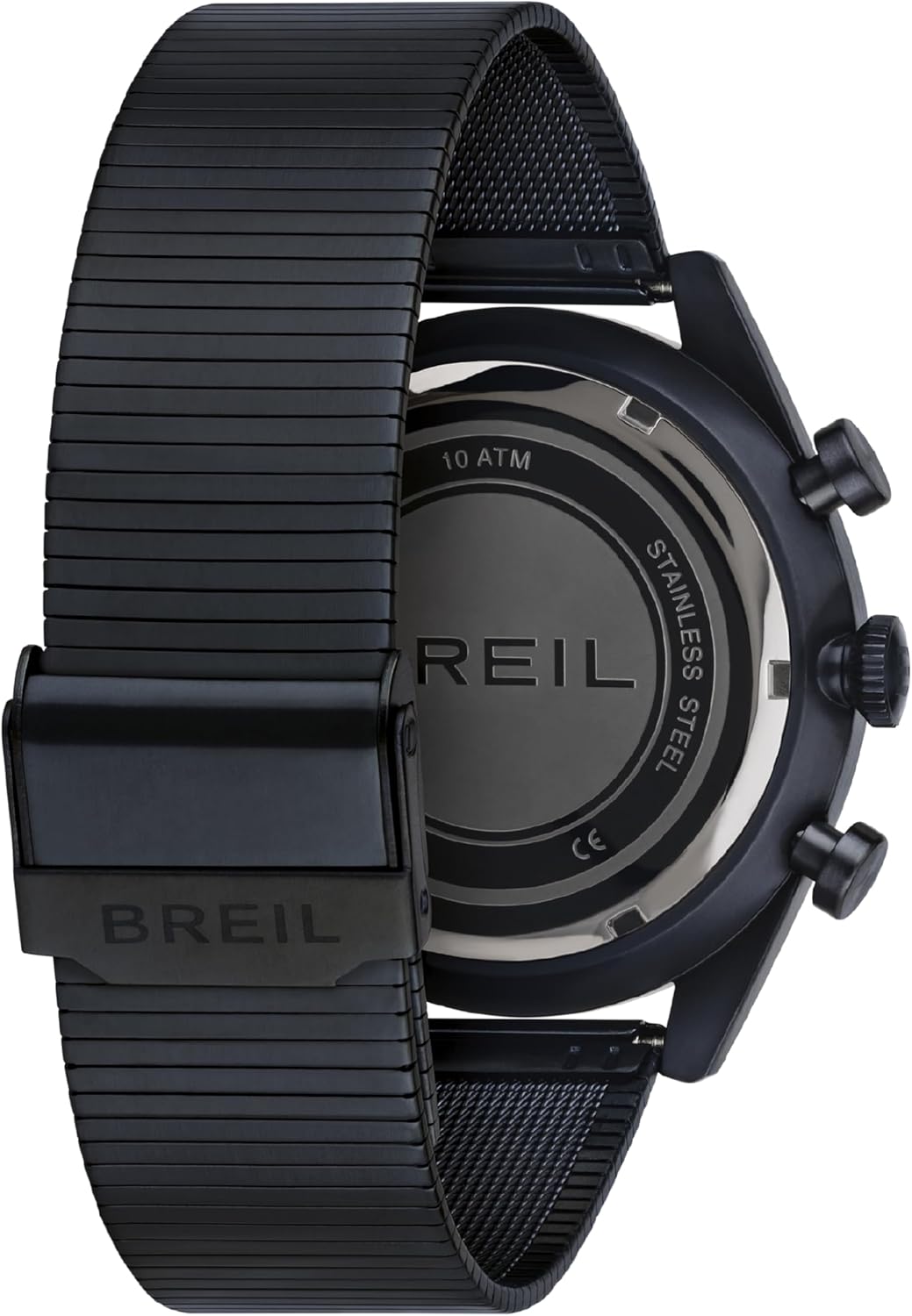 Back view of Breil Finder watch showing case back and mesh bracelet