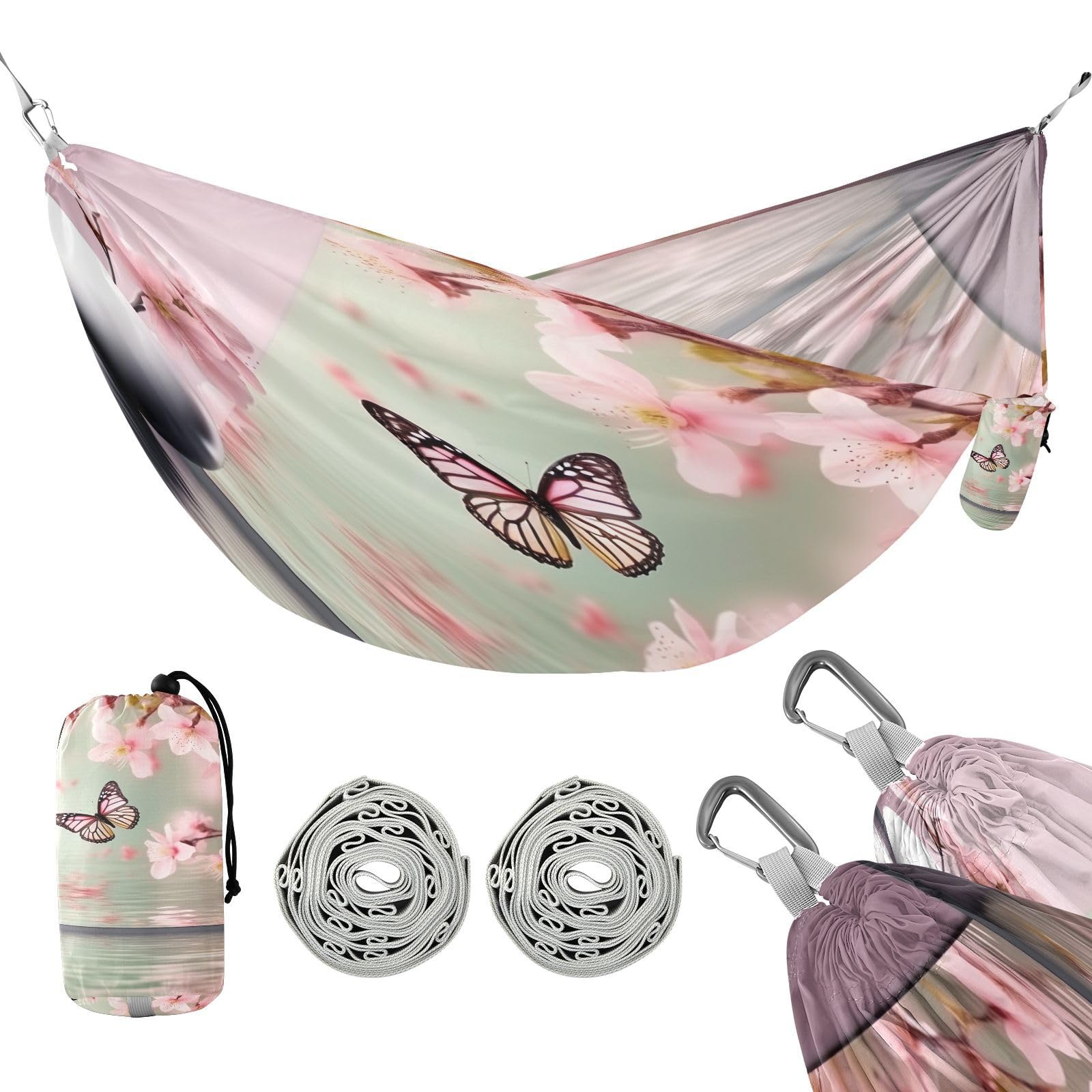 Haskirky Butterfly and Blossom Camping Hammock, Single Portable Hammocks with Tree Straps & Attached Carry Bag, 330Lbs Capacity Perfect for Outside Indoor Hiking Beach Backpack Travel