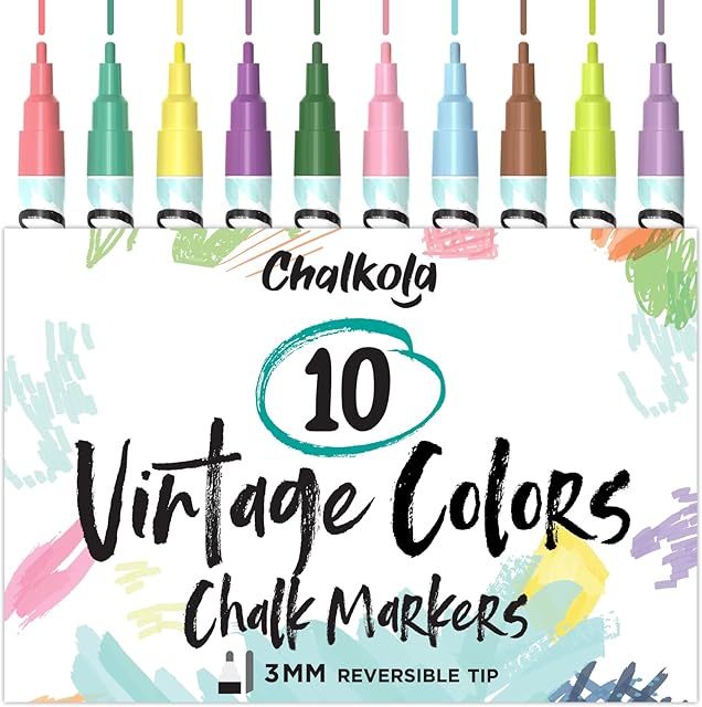 Liquid Chalk Pens for Blackboards (10 Vintage Colors) - Fine Tip Dry Erase Marker Pens for Chalkboards Signs, Windows, Bistro - 3mm Reversible Tip - 50 Chalkboard Labels Included
