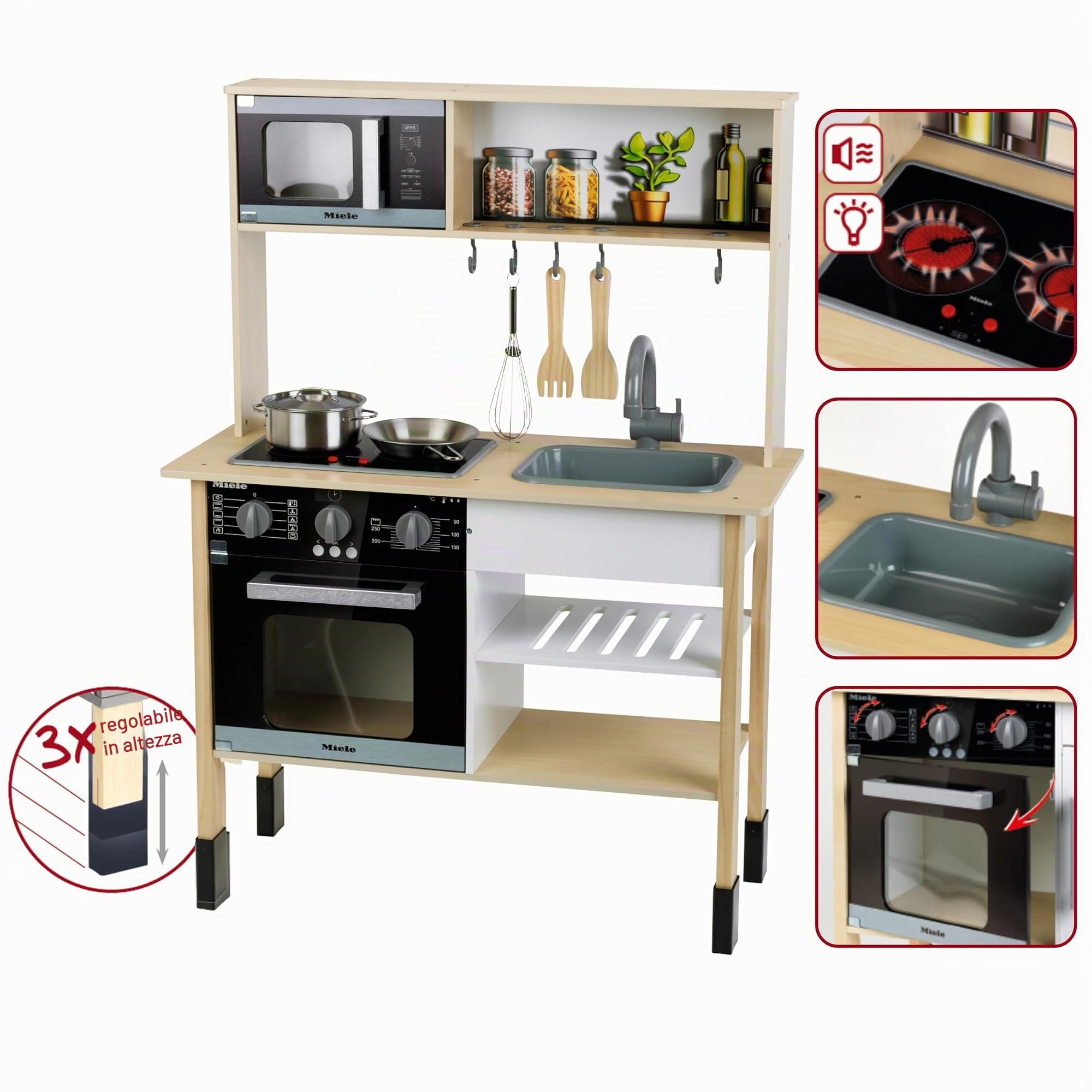 Theo Klein 7187 Cucina Miele | Cucina in Legno Bianca incl. Piano di Cottura con Suono e Luce