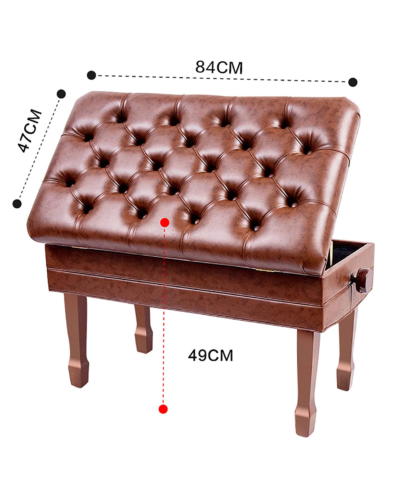 sdneNest Banco de piano de piel sintética de alta calidad con elevación automática y caja de almacenamiento grande, banco de teclado y acabado de teca, 84 x 47 x 49 59 cm