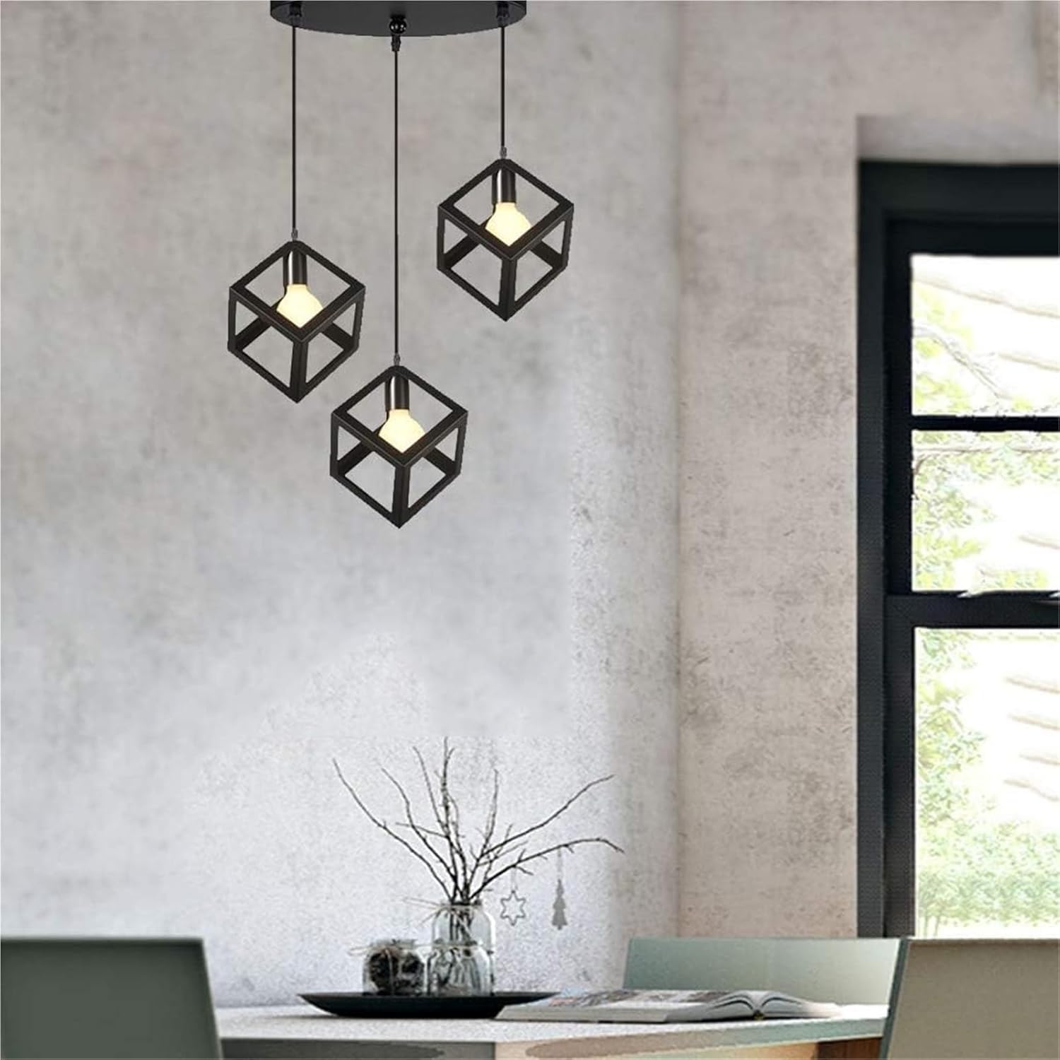 Plafoniera a 3 Teste in Metallo Nero, lampadari con Paralume Industriale, Lampada a Sospensione Moderna, Creativa, Regolabile in Altezza, a Forma di cubo, per Soggiorno, Sala da pr