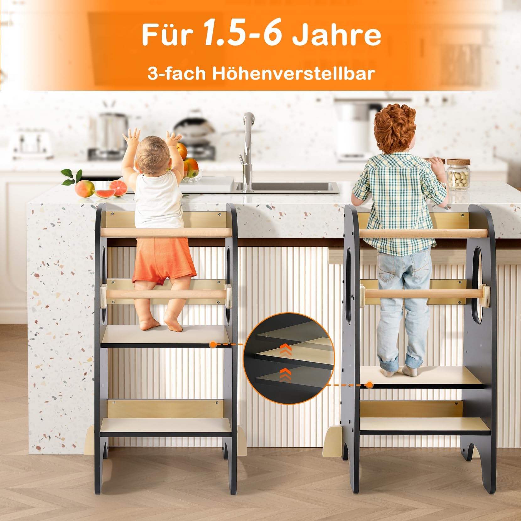 Lernturm ab 1 Jahr, 3 Stufen Höhenverstellbarer Lernturm, Sicher & Stabil, Montessori Küchenhelfer und Learning Tower, Stylisch Kippschutz Höchste Sicherheit (Schwarz)