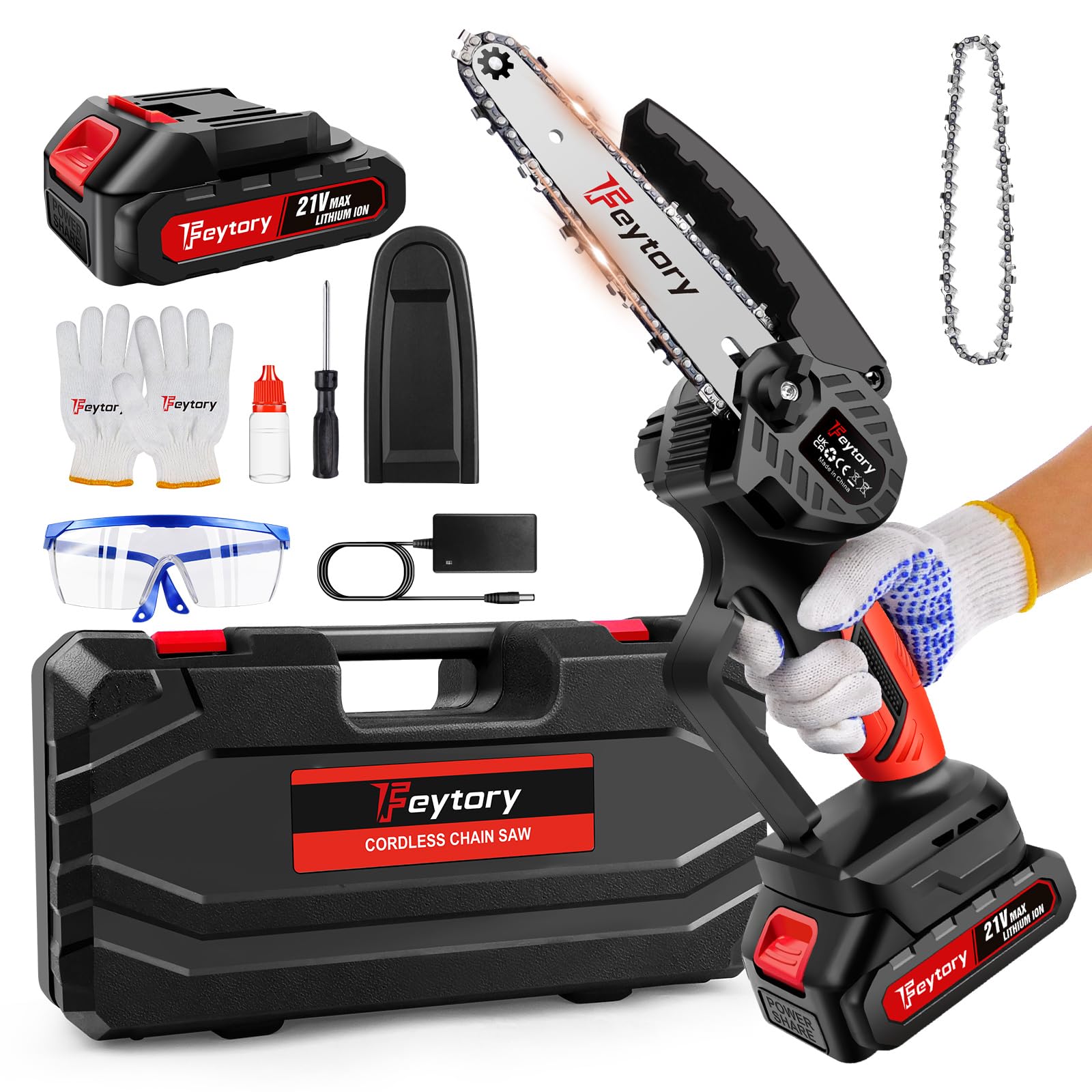 Mini motosierra, 21 V, batería de 6 pulgadas, con batería de 1500 mAh y 2 cadenas de eslabones, motosierra con batería de bloqueo de seguridad y potente motor, batería para árbol, patio y jardín.
