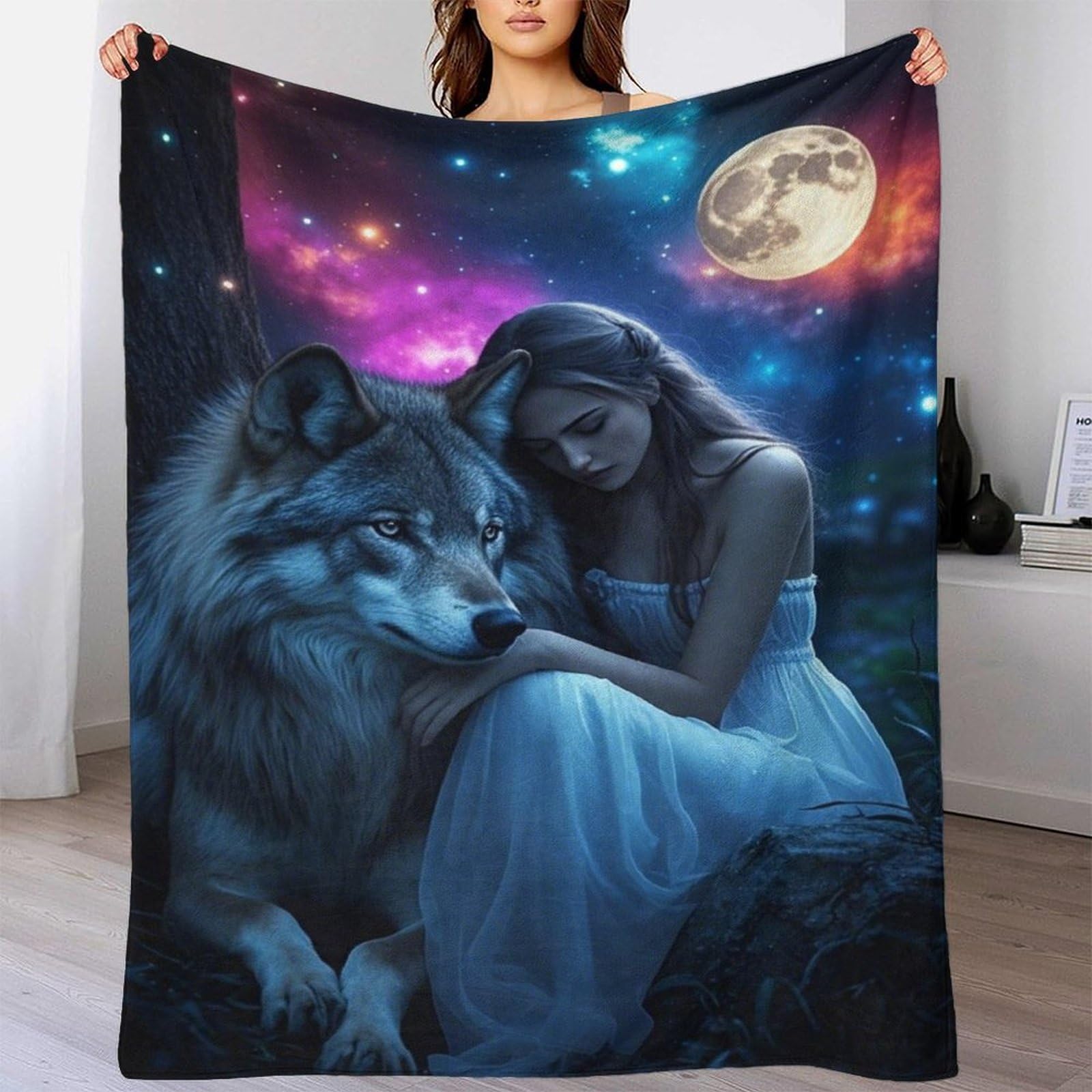 LILIlaobiao Large Soft Fleece Gray Wolf & Girl Throw Blankets 80x90inch(200x230cm), Starlit Sky Stylish Design Throw Blanket for Couch, Fuzzy Cozy Lightweight for All Season