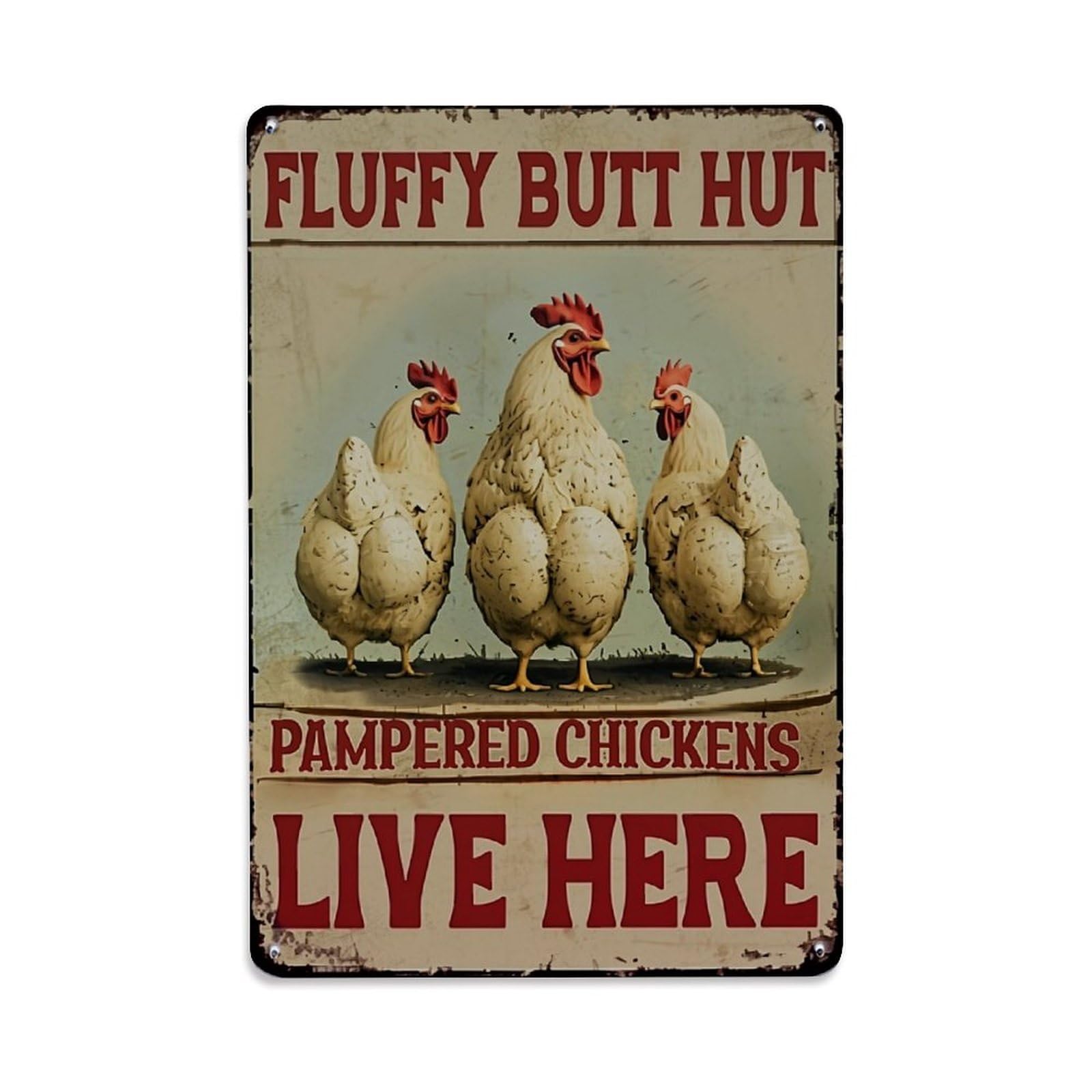 Jdyaojiesheng Vintage Fluffy Butt Hut Pampered Chickens Live Here Tin Sign Retro Metal Wall Decor Metal Poster, Home Bar Garage Farmhouse Cafe Wall Art Decoration 8X12inches