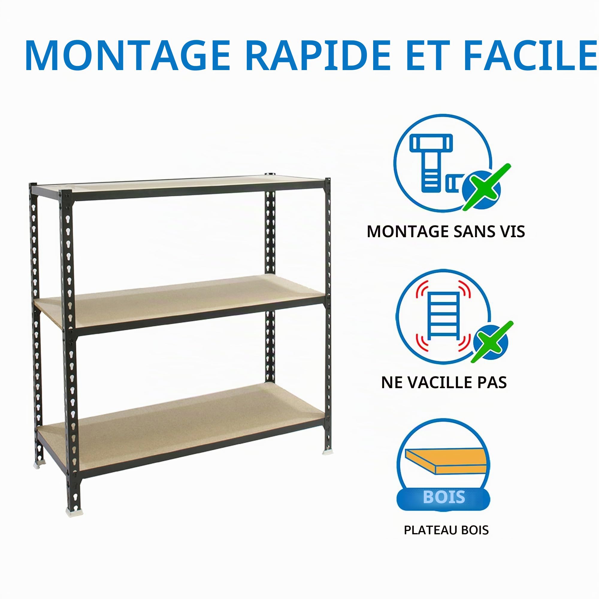 SimonRack Étagère Rangement et 3 Niveaux en Boix, 150 kg Capacité de Charge et Point de Flexion, 900x800x400 mm, Étagère Charge Lourde, Étagère Garage, Anthracite/Bois - Maderclick