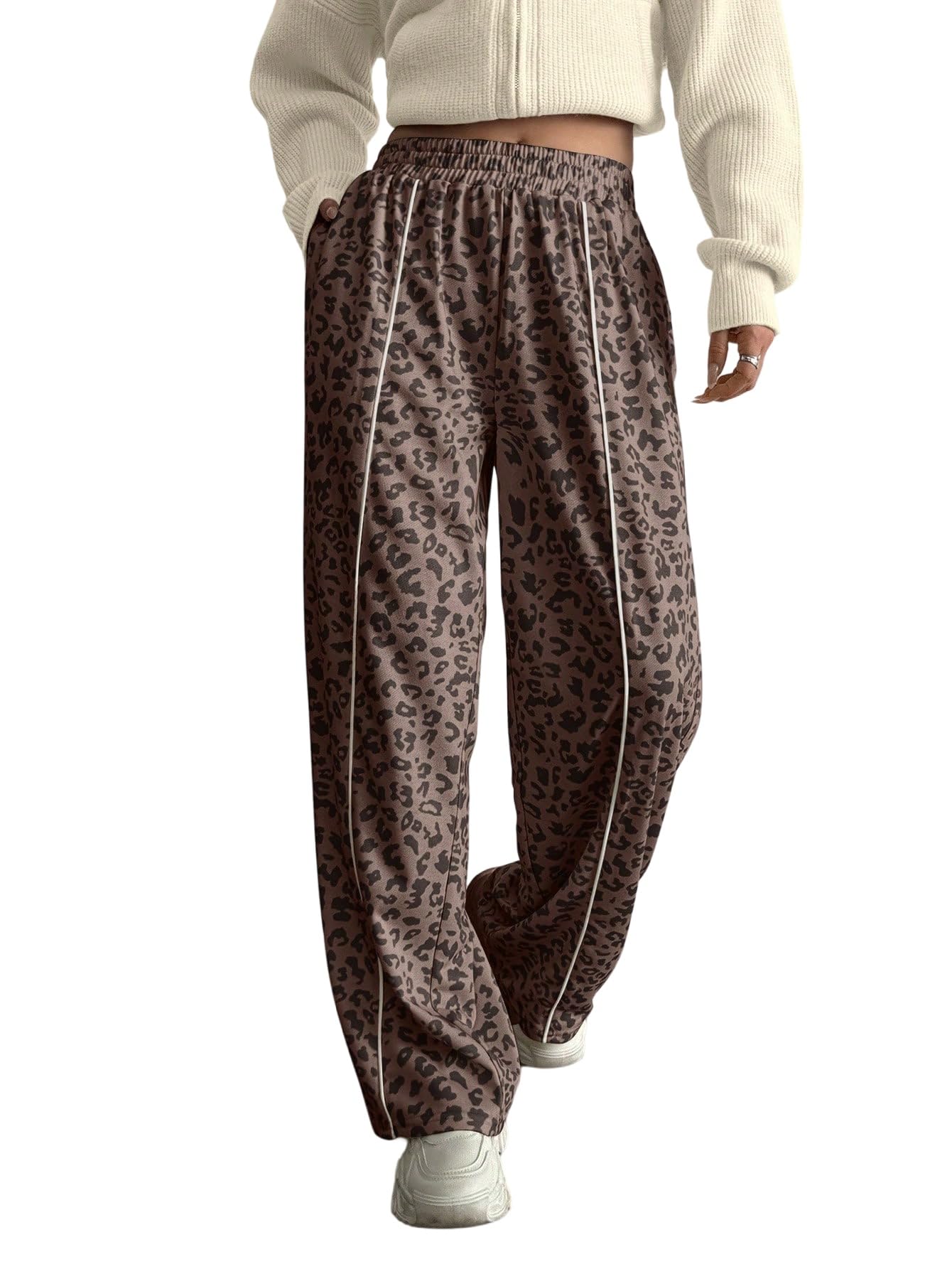 GORGLITTER Damen Leopardmuster Hosen Y2K Weite Hose Freizeithose mit Elastikbund Jogginghose mit Tasche Streetwear Sweatpants Herbst Casualhose