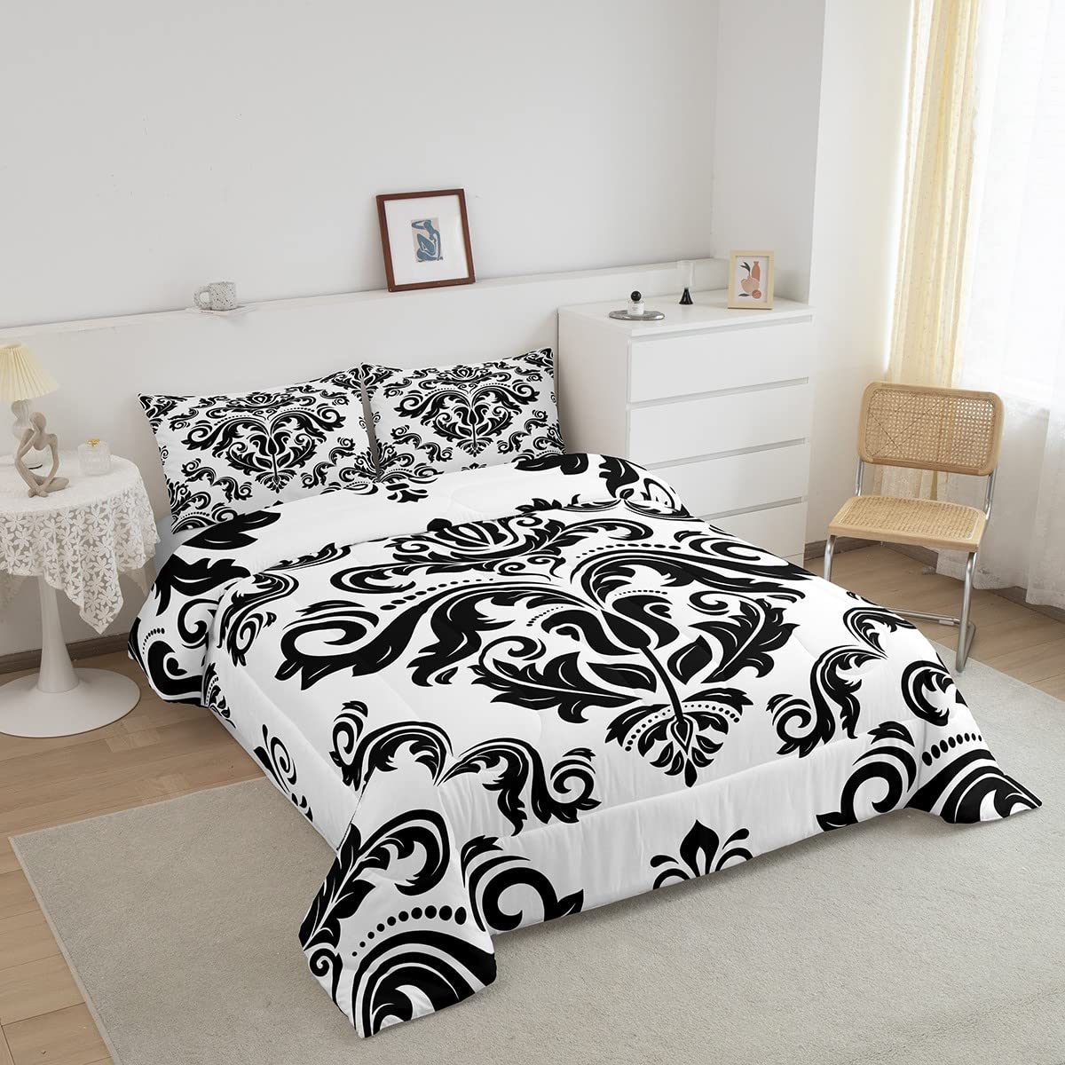 Baroque Damask Comforter Queen Black White Gothic Boho Floral Bedding Set For Boys Girls Adults Abstract Geometric Flowers Comforter Set,European Victorian Style Quilt Duvet 2 Pillow Cases