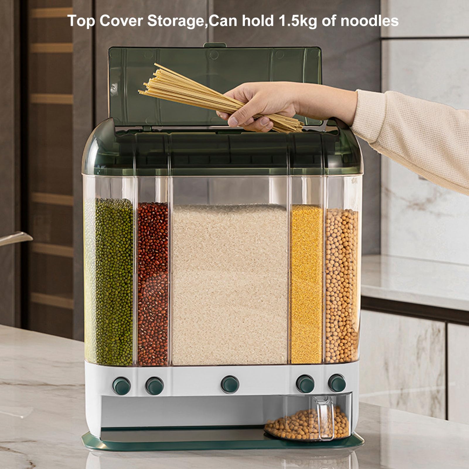 Dispenser di Riso, Contenitore per Cereali Ermetico da 16,5 Kg per Riso con Misurino, Dispenser per Cereali Dal Design Trasparente Contenitori per Alimenti Secchi per Dispensa da