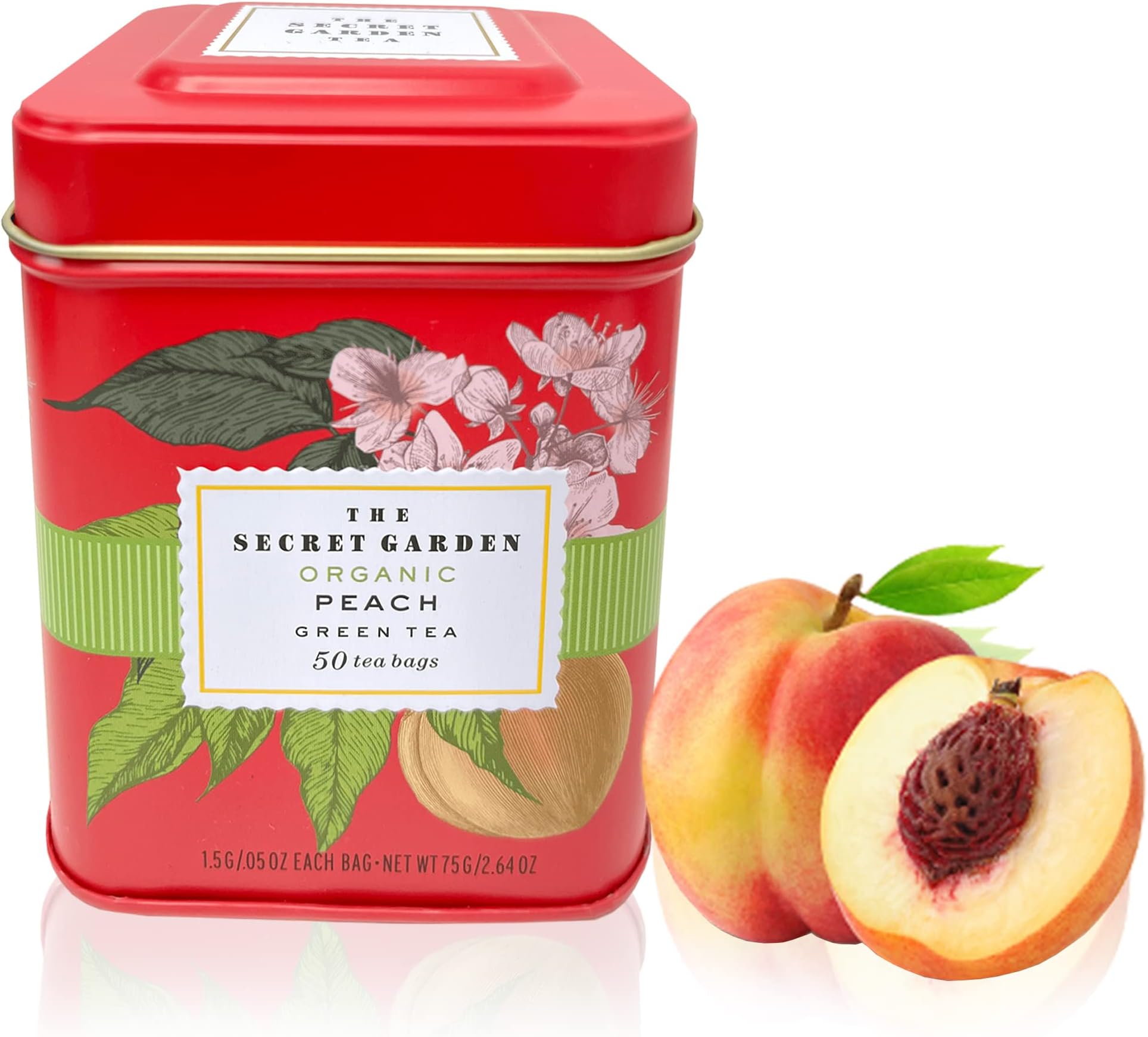 Elephant Park Secret Garden Organic Peach Ceylon Green Tea - 50 Packets - Natural Antioxidant Rich Herbal Leaf Teabags - USDA Certified 100% Organic and Non-GMO - Caffeinated