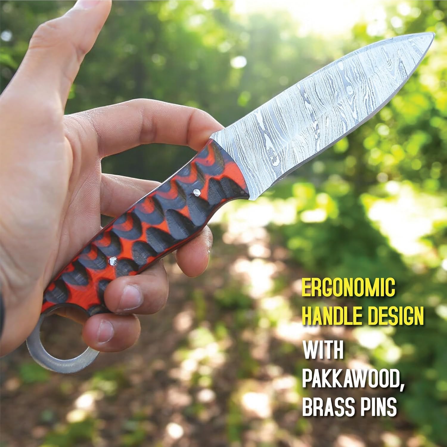 Handgeschmiedetes Jagdmesser mit Lederscheide – Bushcraft Messer mit feststehender Klinge & ergonomischem Rosenholzgriff – Outdoor Survival Scout Messer