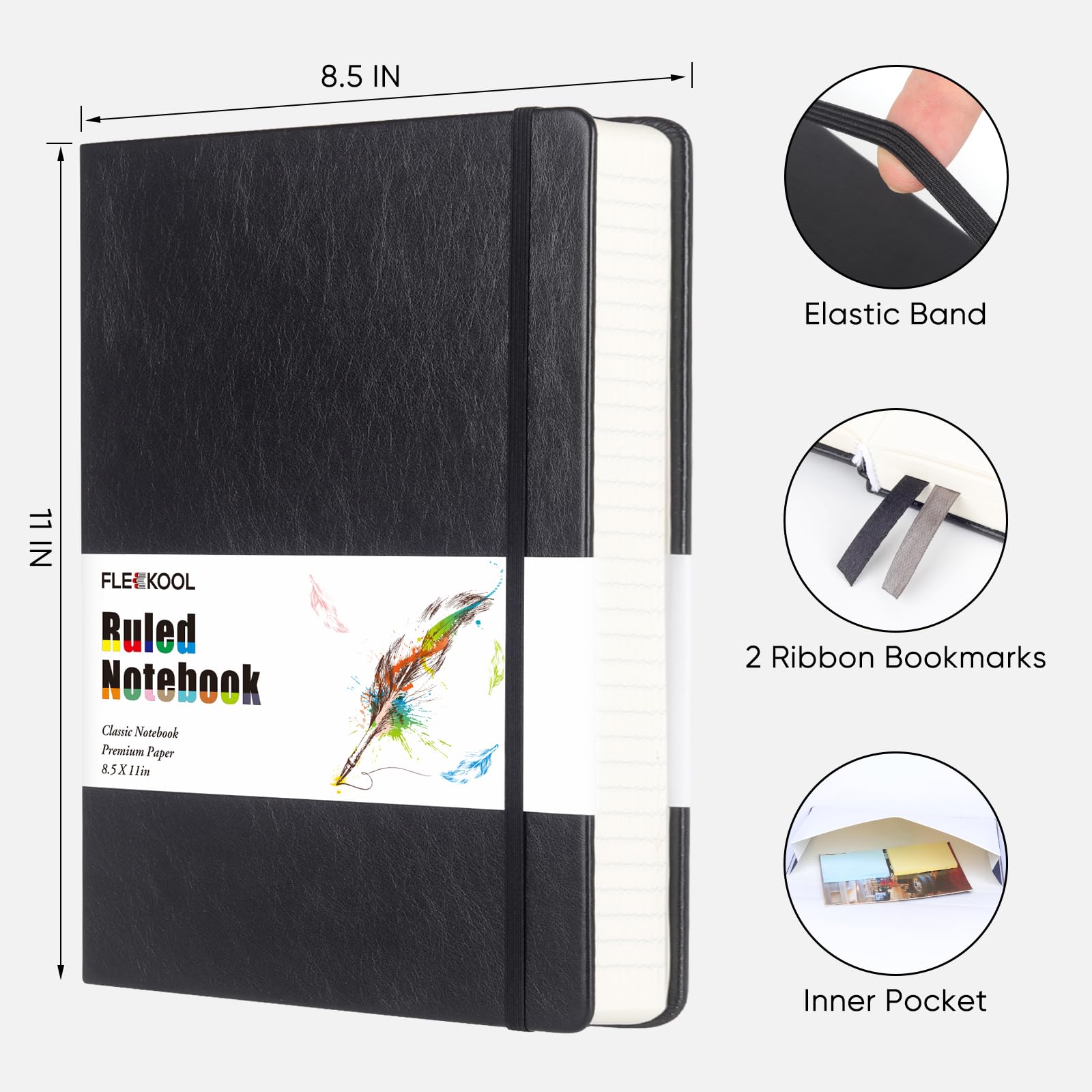FLEEKOOL Dick liniertes Tagebuch, Notizbuch mit 368 Seiten, A4, großes Leder-Notizbuch mit 100 g/m² dickem Papier, College-Notizbuch, Tagebuch für Männer und Frauen, Hardcover, Innentasche, 21,6 x