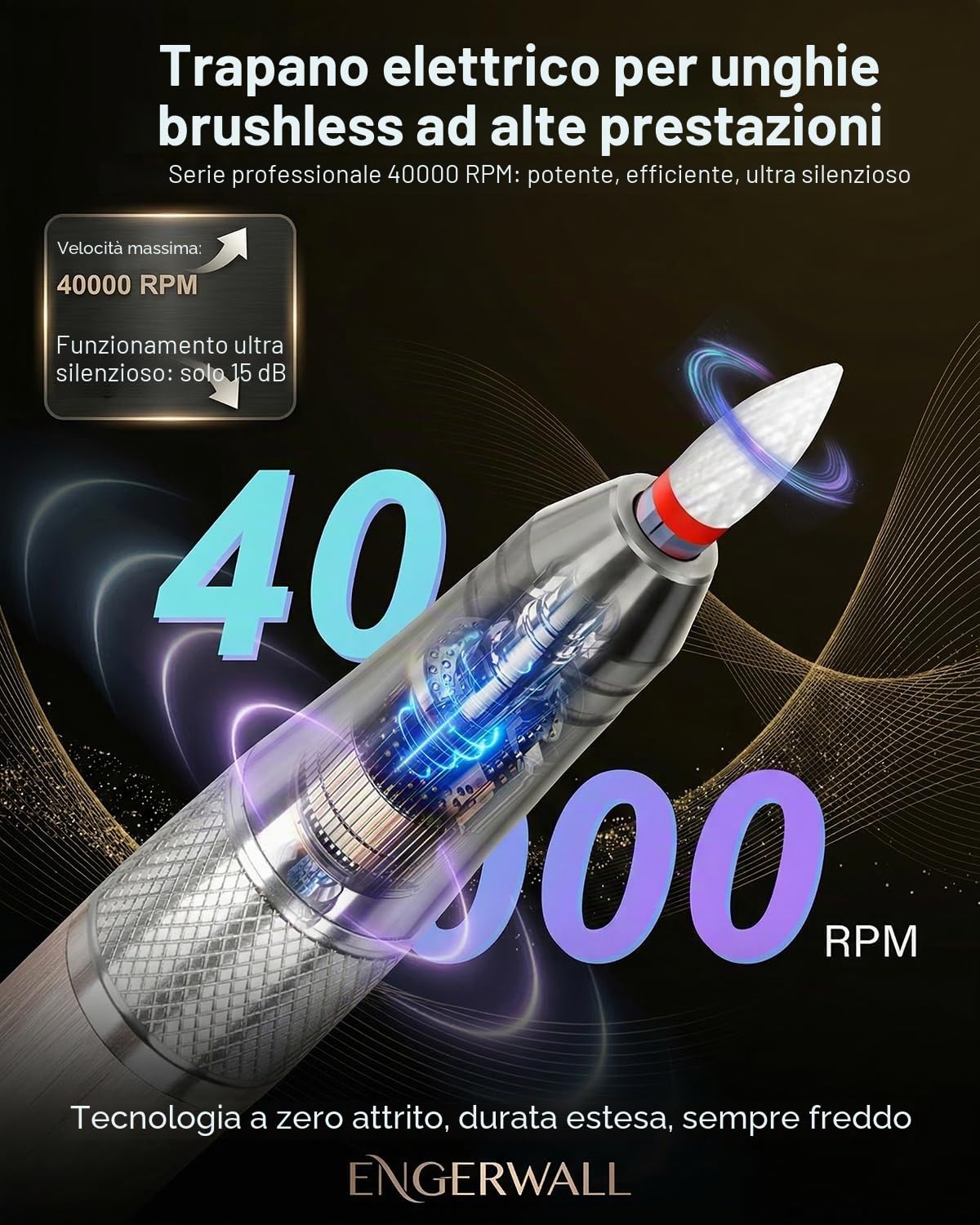 Fresa per Unghie Professionale con Motore Brushless 40000 RPM | Motore Brushless, 40000 RPM, Autonomia 24H Lima Elettrica Ricaricabile, Lega di Alluminio, Display HD Touch, Kit 13-in-1