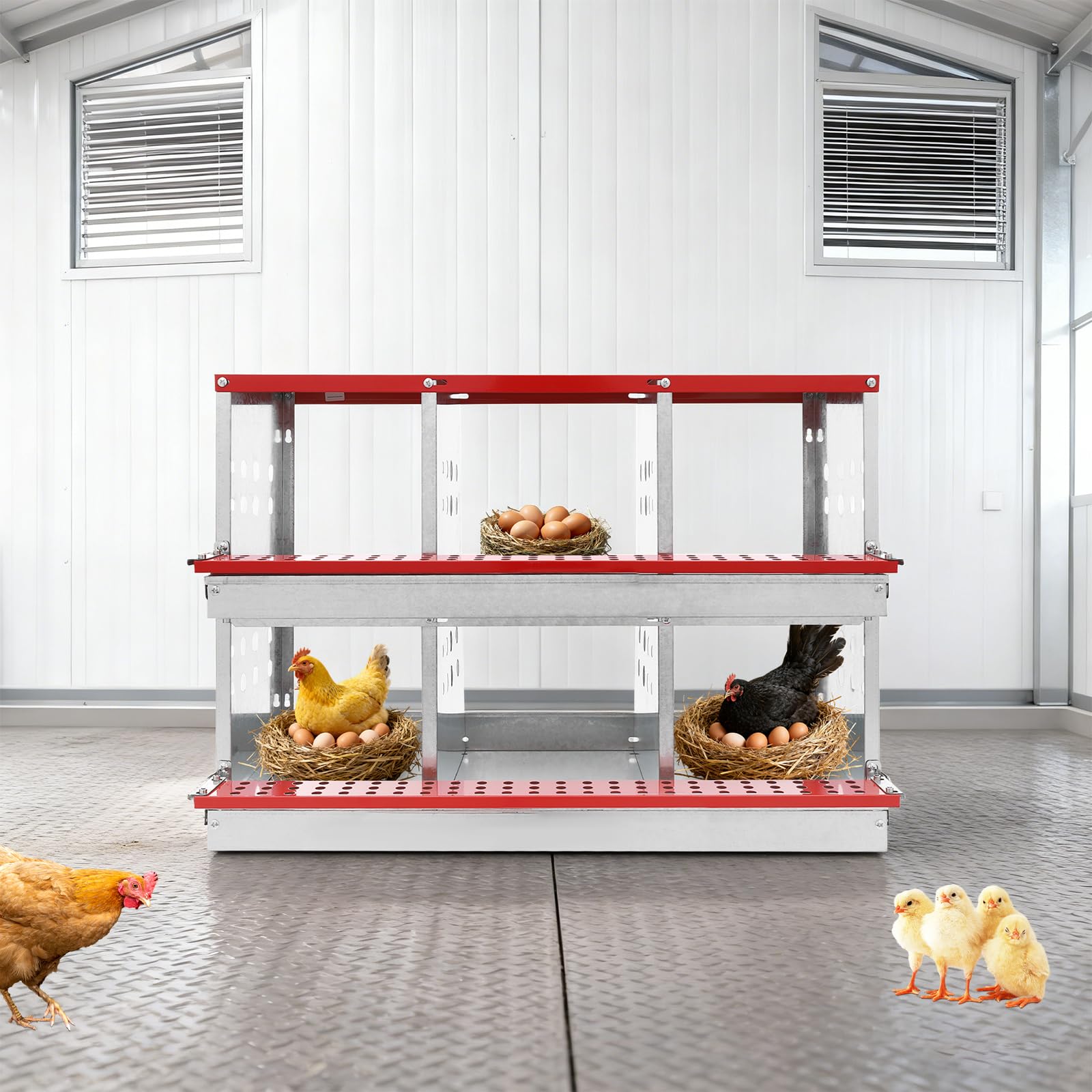 Nido para pollos, 6 compartimentos, nido galvanizado con nido de huevo y bandeja automática de huevos, aireado e inoxidable, nido de 2 niveles para gallinero, accesorios para gallinas ponedoras