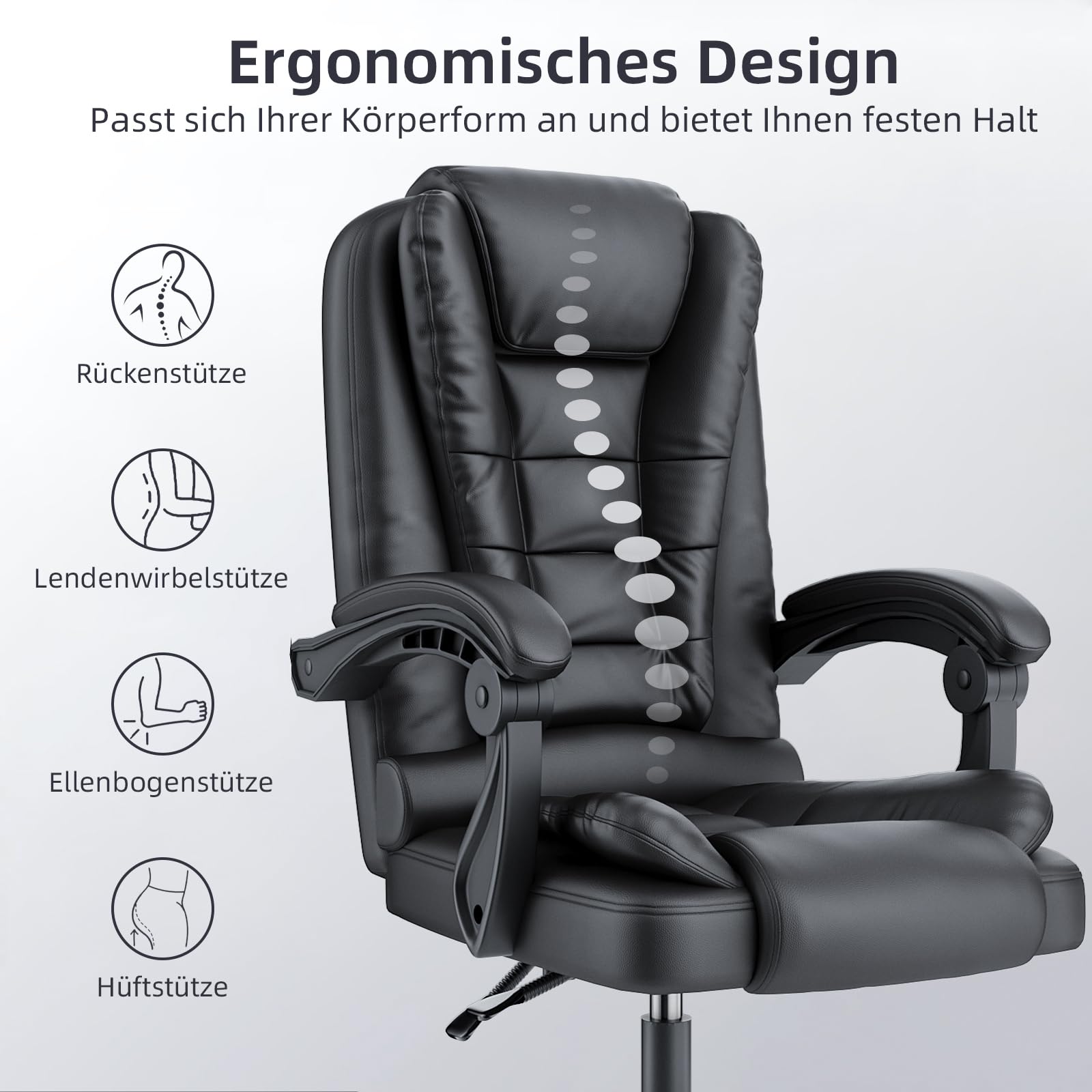 naspaluro Ergonomischer Bürostuhl, Schreibtischstuhl mit Hoher Rückenlehne und Höhenverstellbar, PU Leder Drehstuhl, Chefsessel, Liegestuhl für Büro, Zuhause, Tiefschwarz