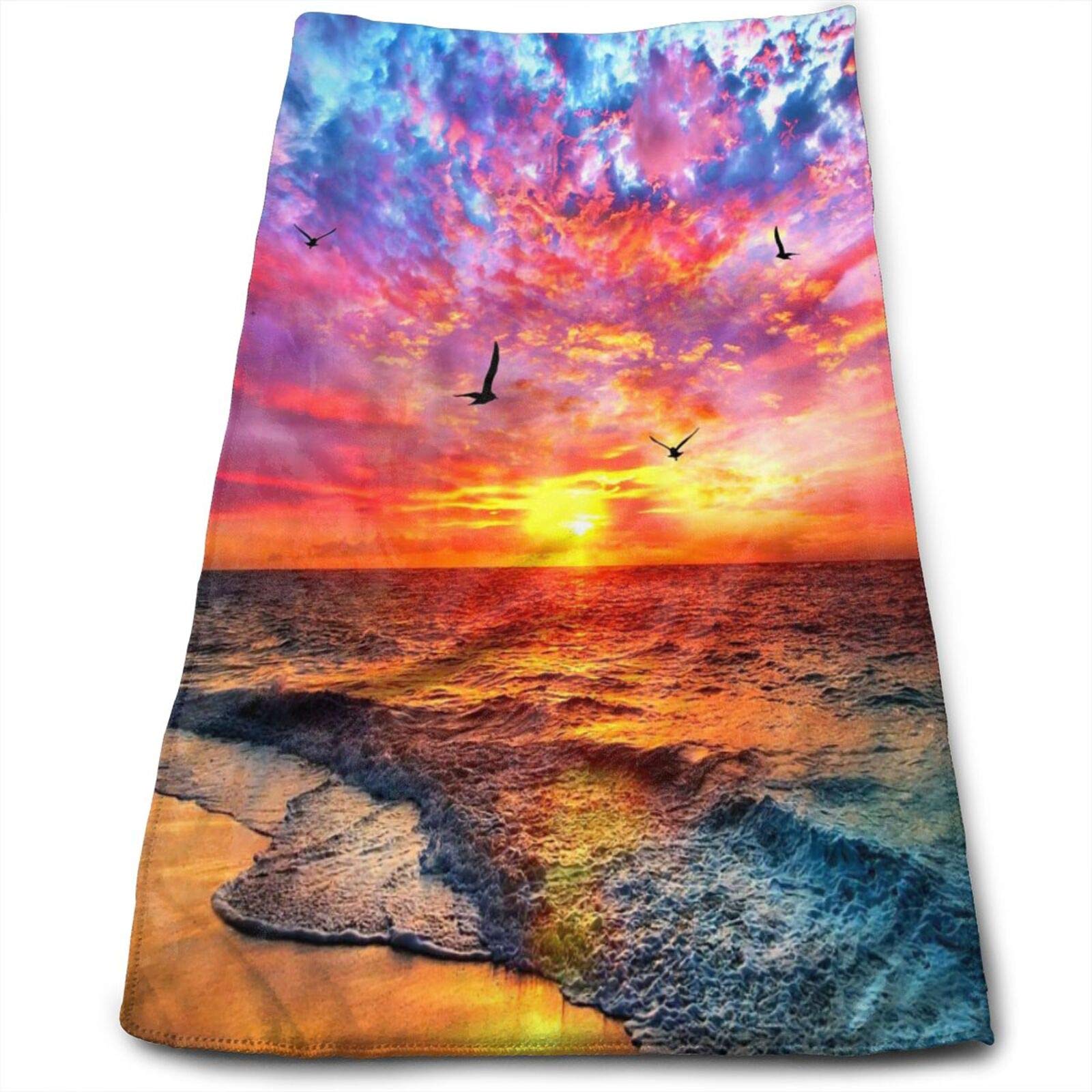 Absorbent Hand Towels for Bathroom,Beach Seagull Seaside Sunset Ocean Waves Blue Sky Coastal Sun Rays,Light Weight Washcloth Multipurpose for Bath Face Hotel Spa Salon and Gym