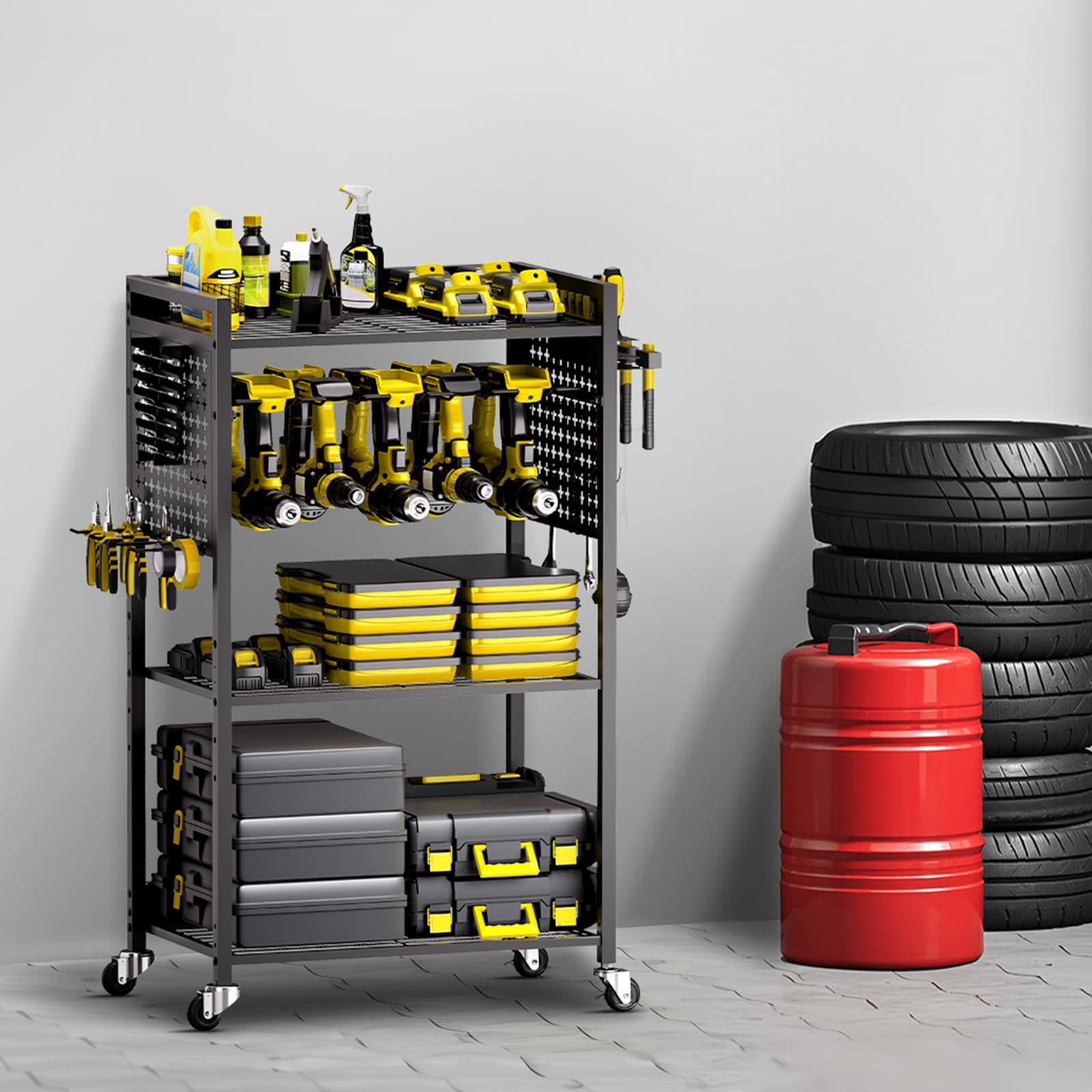 VEVOR Chariot à Outils, 4 Niveaux, Chariot Servante d'Atelier à roulettes, Capacité de Charge 68 kg, Rangement d'Outils Électriques, Support de Perceuse, pour Garage, Atelier de Réparation, Noir