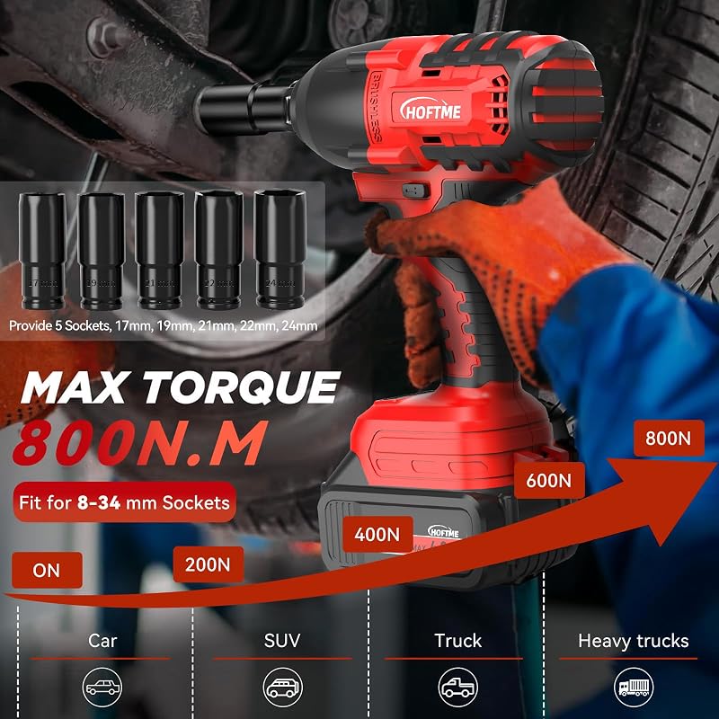 HOFTME Akkus Ütvecsavarozó 1/2" 700Nm Brushless 20V Lítium Akkumulátor Piros