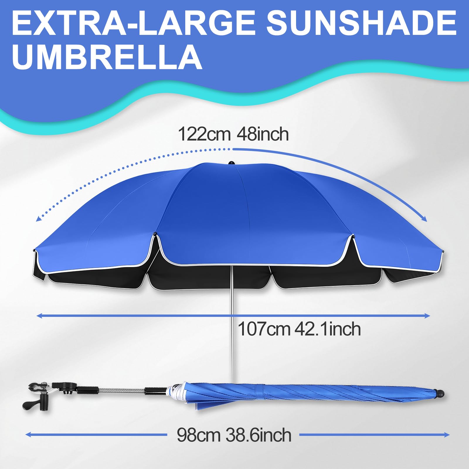 Lot de 2 parasols de plage pour chaise avec pince universelle, réglables à 360°, protection UV SPF 50+, parasol portable avec clip pour chaises de plage, poussette et chariot de golf