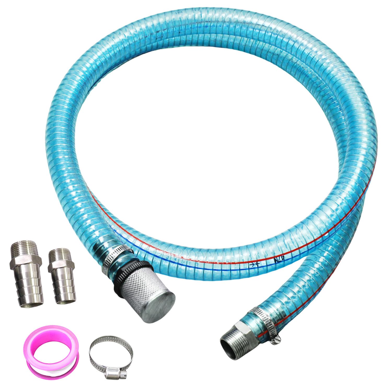 Suction Hose 1 Inch ID Clear PVC Hose Kit, 6.5ft 304 Stainless Steel Wire Reinforced Tubing with NPT Adapter, Clamps &amp; Tape for Fuel Oil Water Suction Discharge