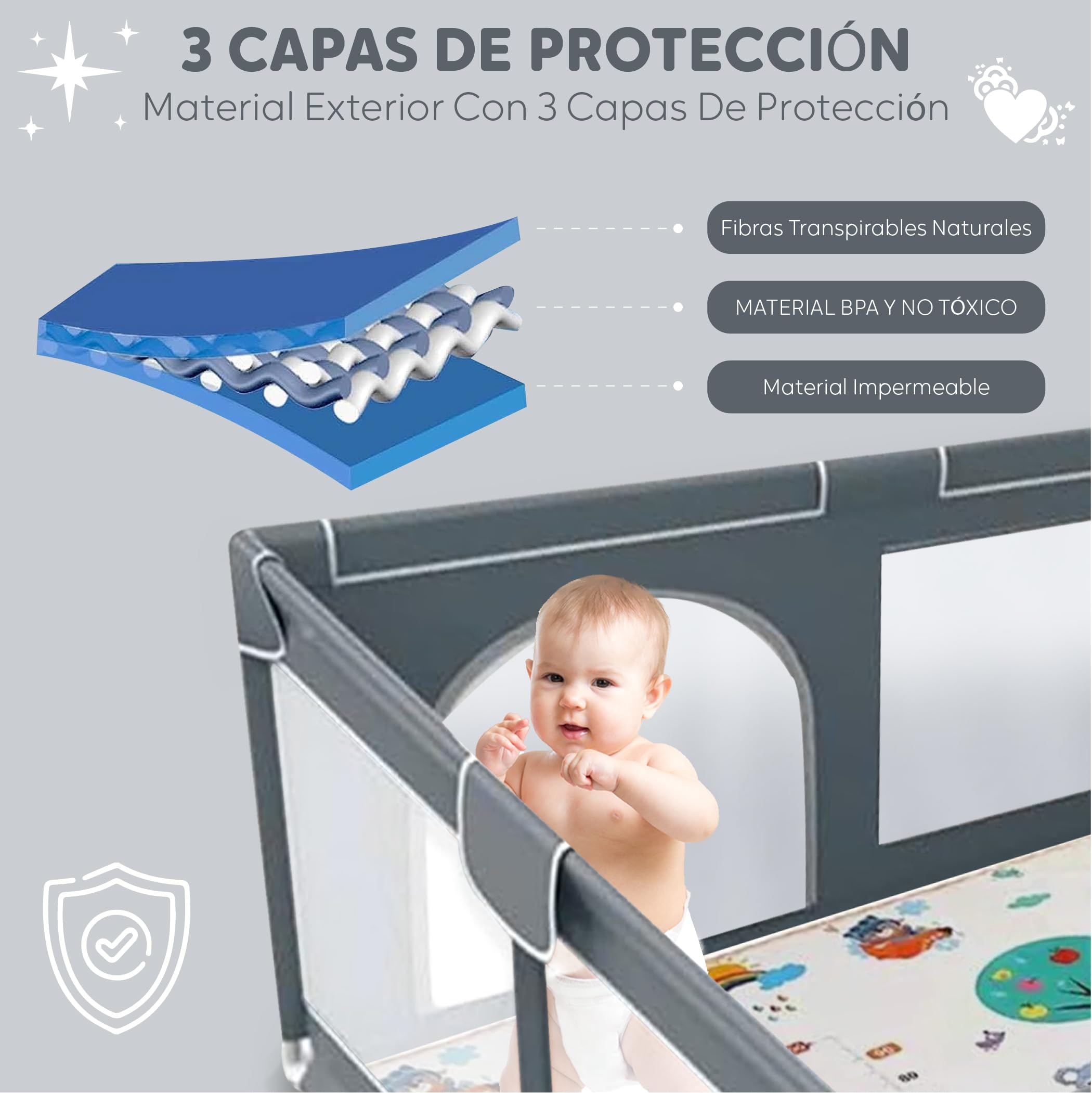 EveryKip® Parque Infantil Bebe Gris 120x120cm + Alfombra Suelo + Anillas + Bolsa Transporte Corralito Bebe Plegable Malla Transpirable Baby Playpen (Gris)