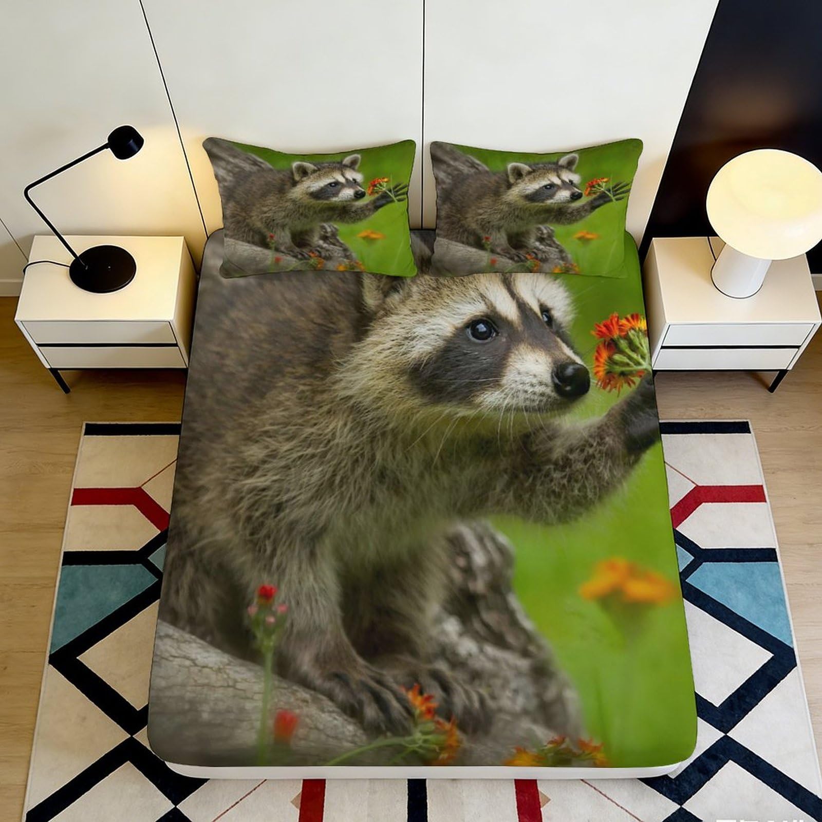 3D Printed Raccoon Forest Fitted Sheet Microfiber Soft Breathable Wildflower Bed Cover for Bedroom Dorm Decor 90x200x25cm