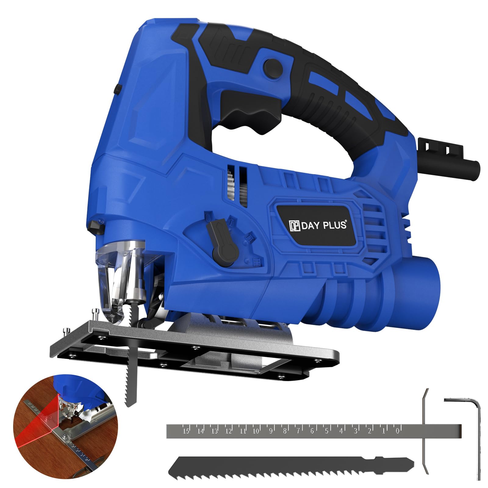 Corded Jig Saw, Electric Jigsaw 700W 2800SPM, 6 Speed Jigsaw Tool, Compact Electric Jig Saw with Laser Guide, LED Light, Saw Blade, Scale Ruler, ±45°Bevel Cutting Angle, Quick Tool Free Blade Change