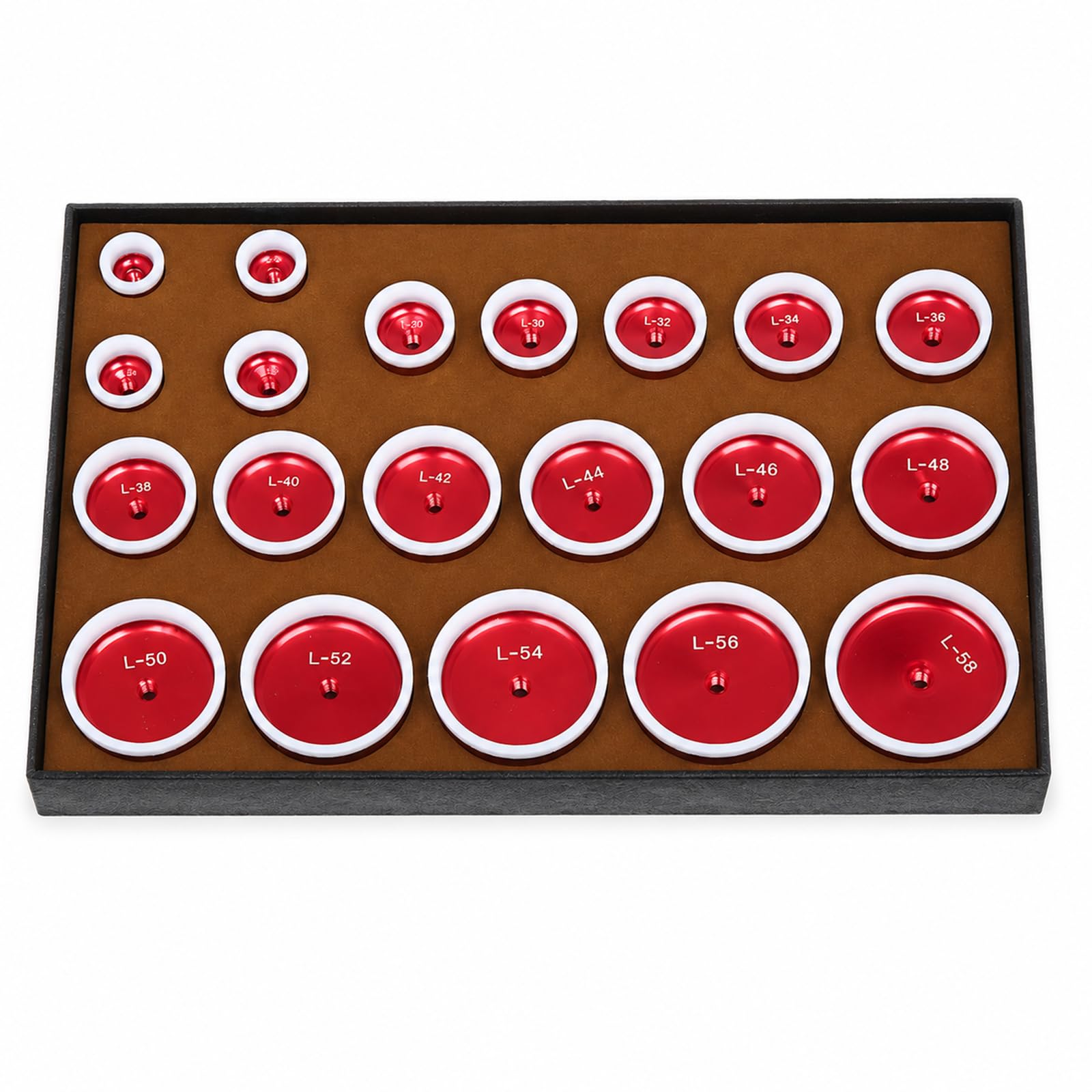 20-teiliges tiefes Uhrenpressmatrizen-Set, 20–58 mm | Uhrmacherwerkzeug mit Aluminiummatrizen und Schutzrändern als Zubehör für Uhrengehäusepressen